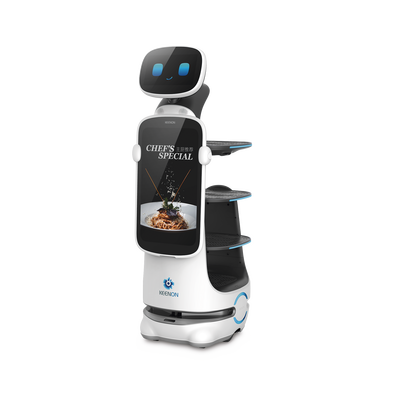 Robot de Servicio Dinerbot T10 / Entregas y Publicidad Multimodal / Autonomía 8 Horas / Carga 40 kg (88 lbs) / Pantalla Táctil 11.6" / Evasión Obstáculos 300° / Velocidad 1 m/s (3.28 ft/s)