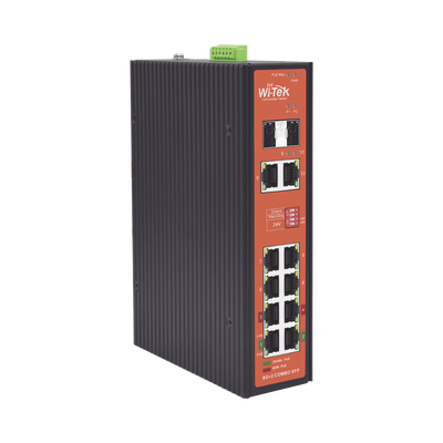 Switch PoE Industrial No administrable / Puertos 1-2 PoE 802.3 af/at y PoE 24 Vcc Pasivo 30W / Puertos 3-4 PoE 802.3 af/at/bt Hasta 60W / Puertos 5-8 PoE 802.3 af/at Hasta 30W / Los 8 puertos son Gigabit + 2 SFP combo / Presupuesto 300W