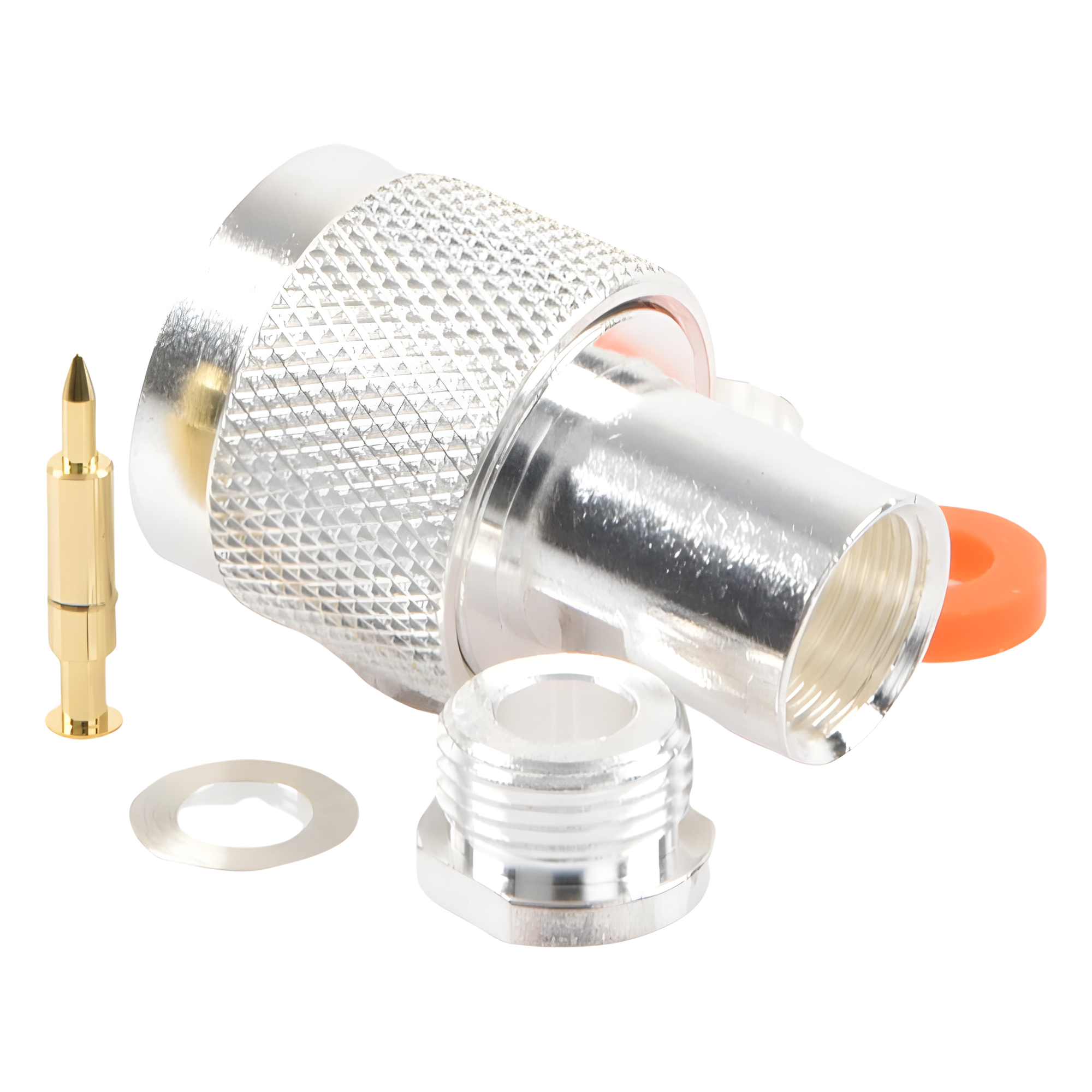 Conector RF N Macho / Ensamble por Rosca / Compatibilidad RG-58/U y RG-142/U / Cuerpo Bronce Plateado / Contacto Oro / Aislante Teflón