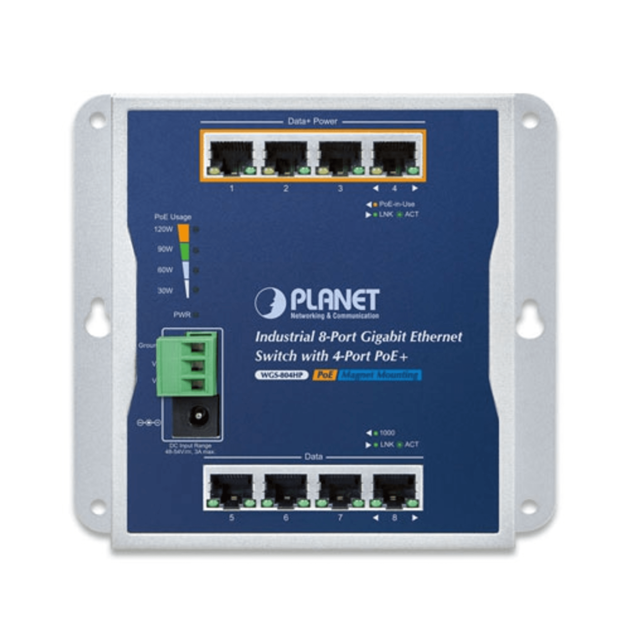 Switch Industrial No Administrable, Múltiple Montaje (Pared, Riel DIN y Magnético), 8 Puertos Gigabit con 4 puertos PoE 802.3at, Hasta 120 W.