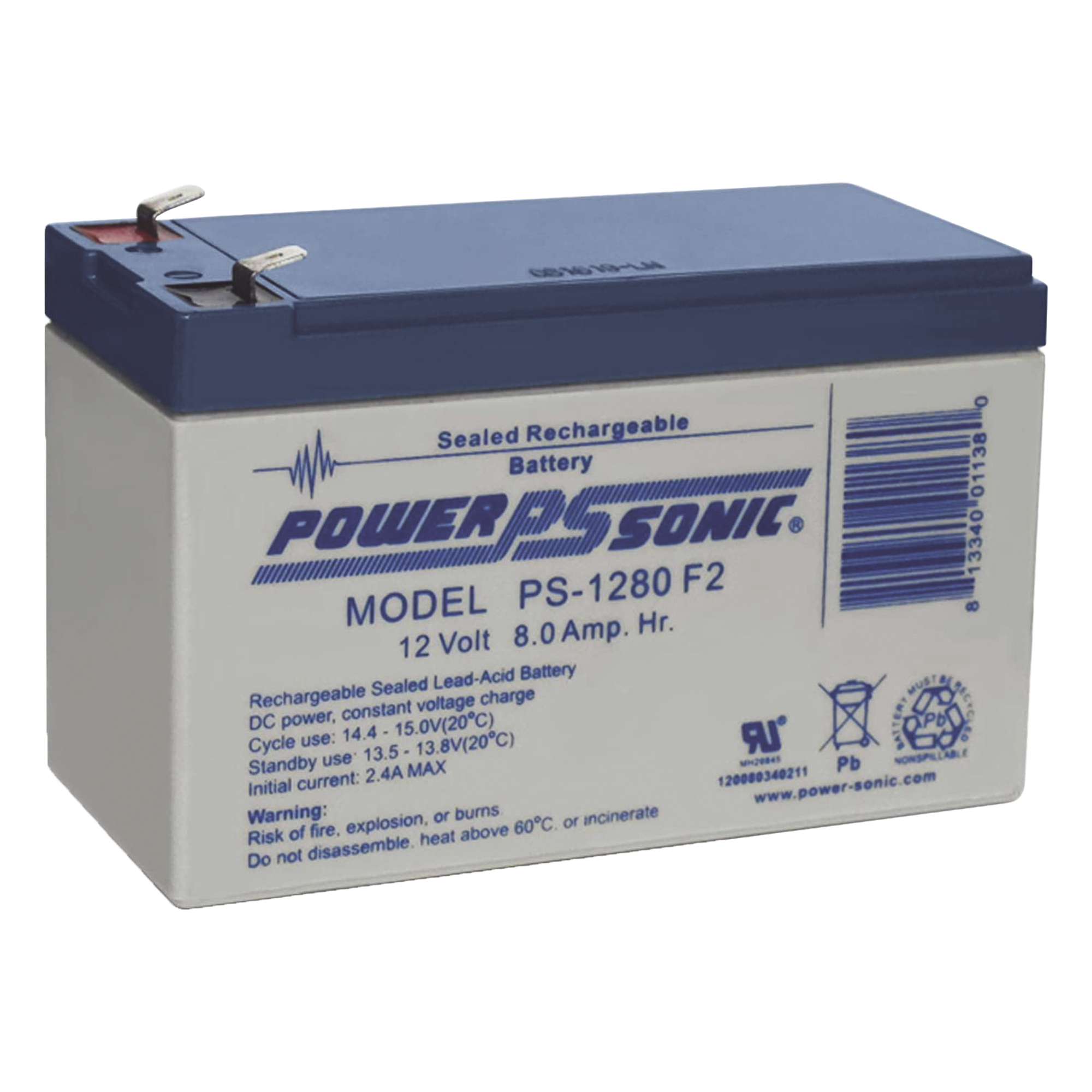 Batería de Respaldo AGM/VRLA / 12V / 8Ah / Terminales F2 / 5 Años Vida Útil / UL Certificada — POWER SONIC · SKU PS-1280-F2