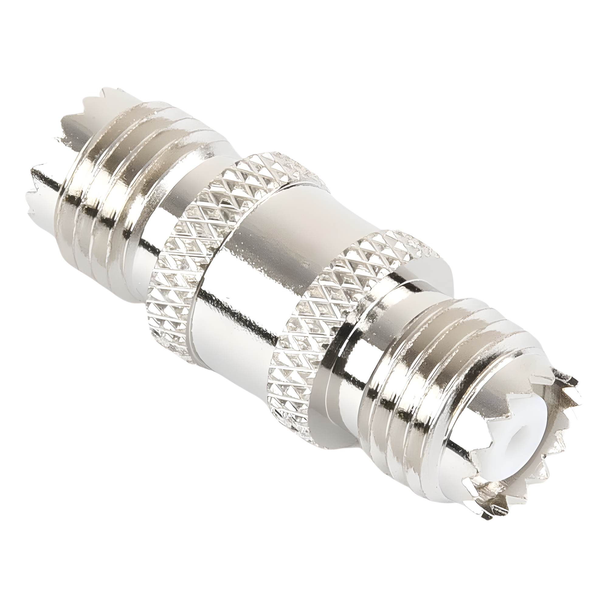 Adaptador Barril RF / Mini-UHF Hembra a Mini-UHF Hembra / Montaje en Línea / Cuerpo Bronce Niquelado / Contacto Oro / Aislante Teflón