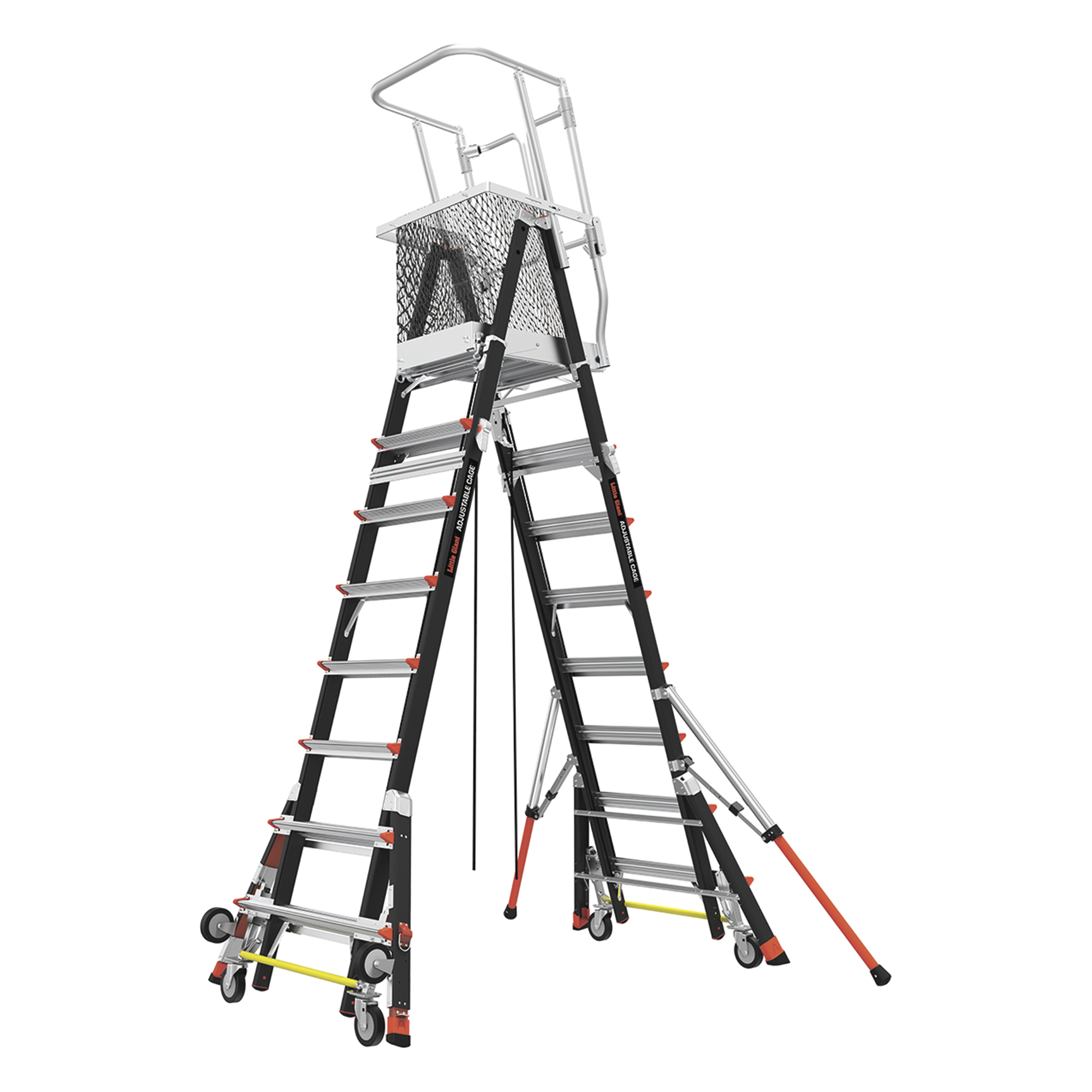 Escalera de Fibra de Vidrio  con Jaula de 8'-14' (2.44 - 4.27 m). Con Ajuste en Ruedas (RATCHET™ Leveler) (SKU:18515-817).