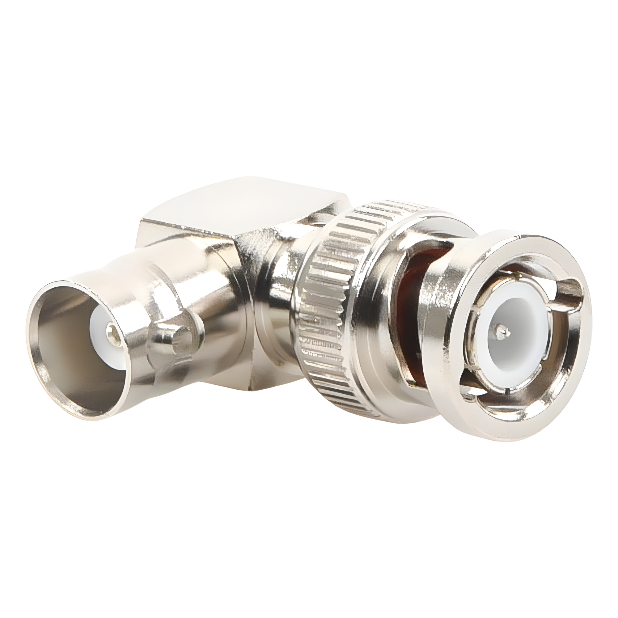 Adaptador RF / BNC Macho a Hembra / Ángulo Recto / 50 Ohm / Cuerpo Niquelado / Contacto Plateado / Aislante Teflón
