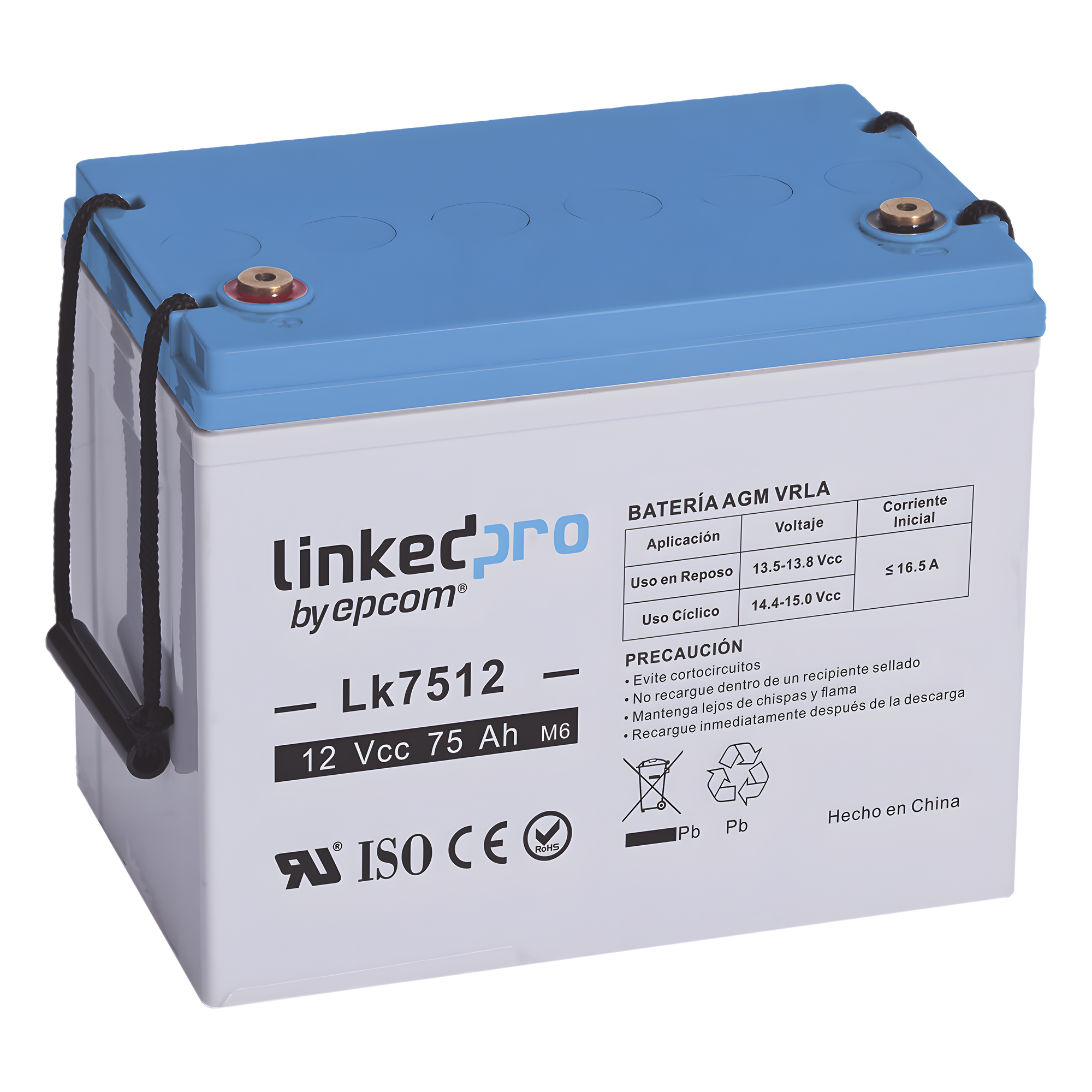 Batería de Respaldo AGM-VRLA / 12 V / 75 Ah / Terminales T3 / UL Certificada / Libre de Mantenimiento — LINKEDPRO BY EPCOM · SKU LK7512