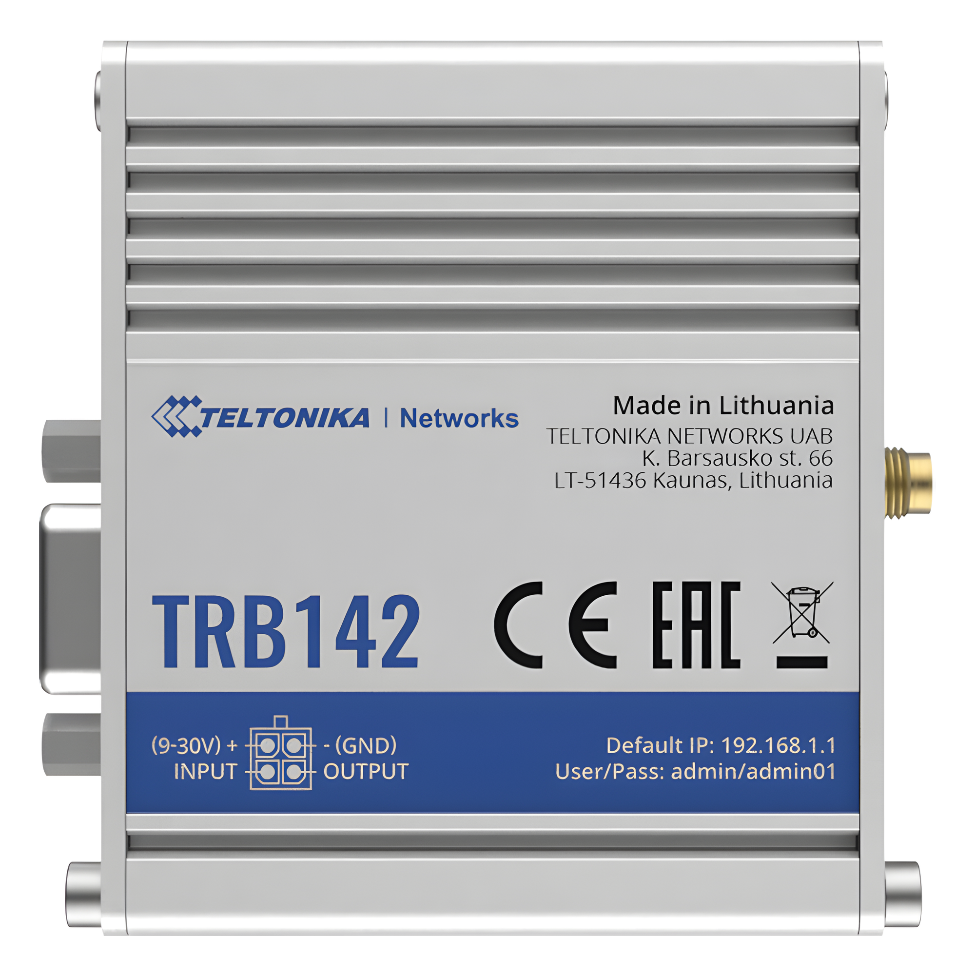 Gateway Industrial LTE Cat 1 / RS232 DB9 / OpenWrt / 9-30 VDC / -40 a 75 °C / DIN Rail — TELTONIKA · SKU TRB142