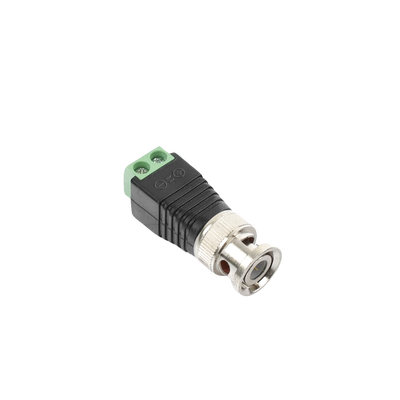 Adaptador de conector BNC macho a 2 terminales-tornillo para cables AWG-26-14, en aplicaciones Video Vigilancia, Níquel/ Oro/  PTFE y PVC.