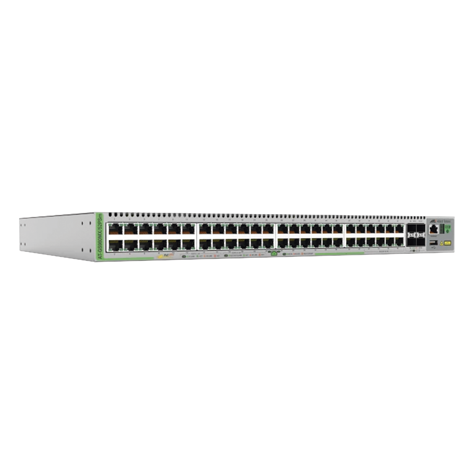 Switch L3 Stackable / 40x 10/100/1000-T PoE+ / 8x 100M/1G/2.5G/5G-T PoE+ / 4x SFP+ / 370W — ALLIED TELESIS · SKU AT-GS980MX/52PSM-10