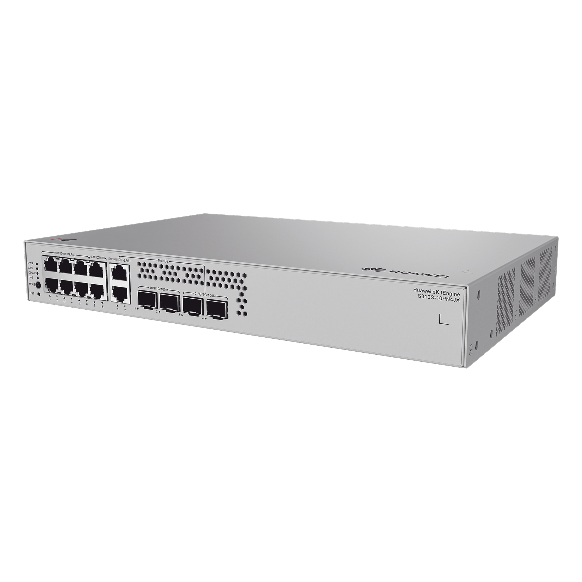 Switch de Acceso Administrable / Capa 2+ / 6x PoE+ Gigabit + 2x PoE+ Multi-Gigabit 2.5G + 2x Gigabit + 2x SFP + 2x SFP+ / PoE Perpetuo / 128 W PoE / 3.6 x 18.3 x 14.0 pulgadas — HUAWEI · SKU S310S-10PN4JX