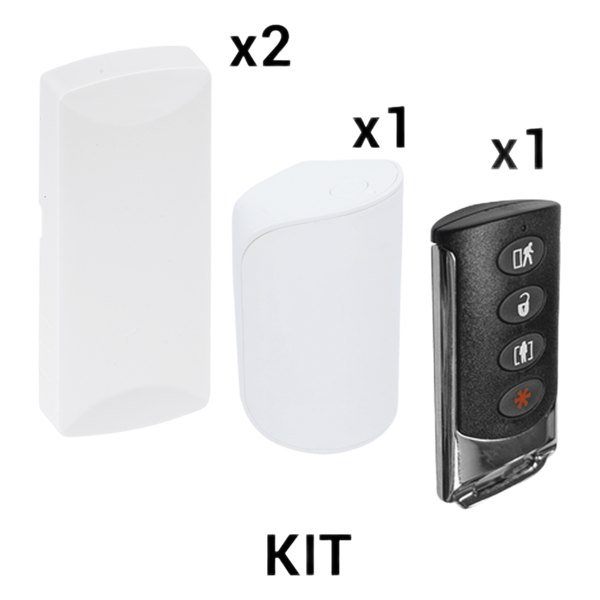 Kit de Sensores Inalámbricos / 2 Contactos Magnéticos / 1 PIR Inmune a Mascotas 38 kg / 1 Llavero Remoto 4 Botones / 433 MHz / Alcance 12 m (39.4 ft) — SFIRE · SKU KIT-RF-SFIRE-DSC-2
