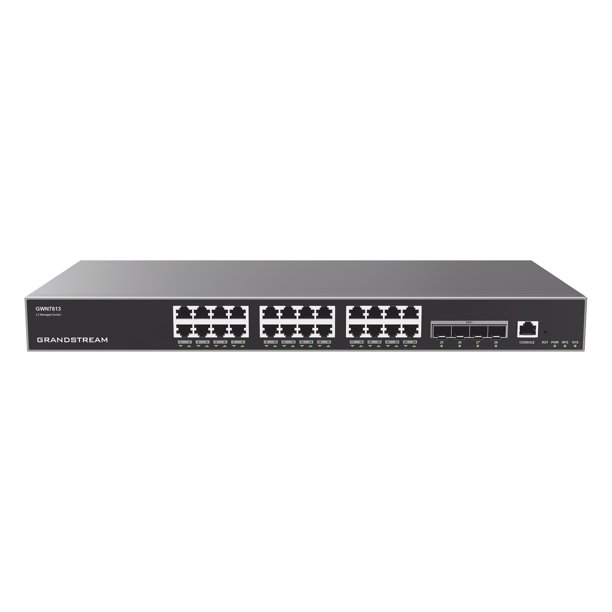 Switch Capa 3 Administrable / 24 Puertos Gigabit / 4 SFP+ 10G / 128 Gbps Capacidad Conmutación / 95.2 Mpps / Rack 1U — GRANDSTREAM · SKU GWN7813