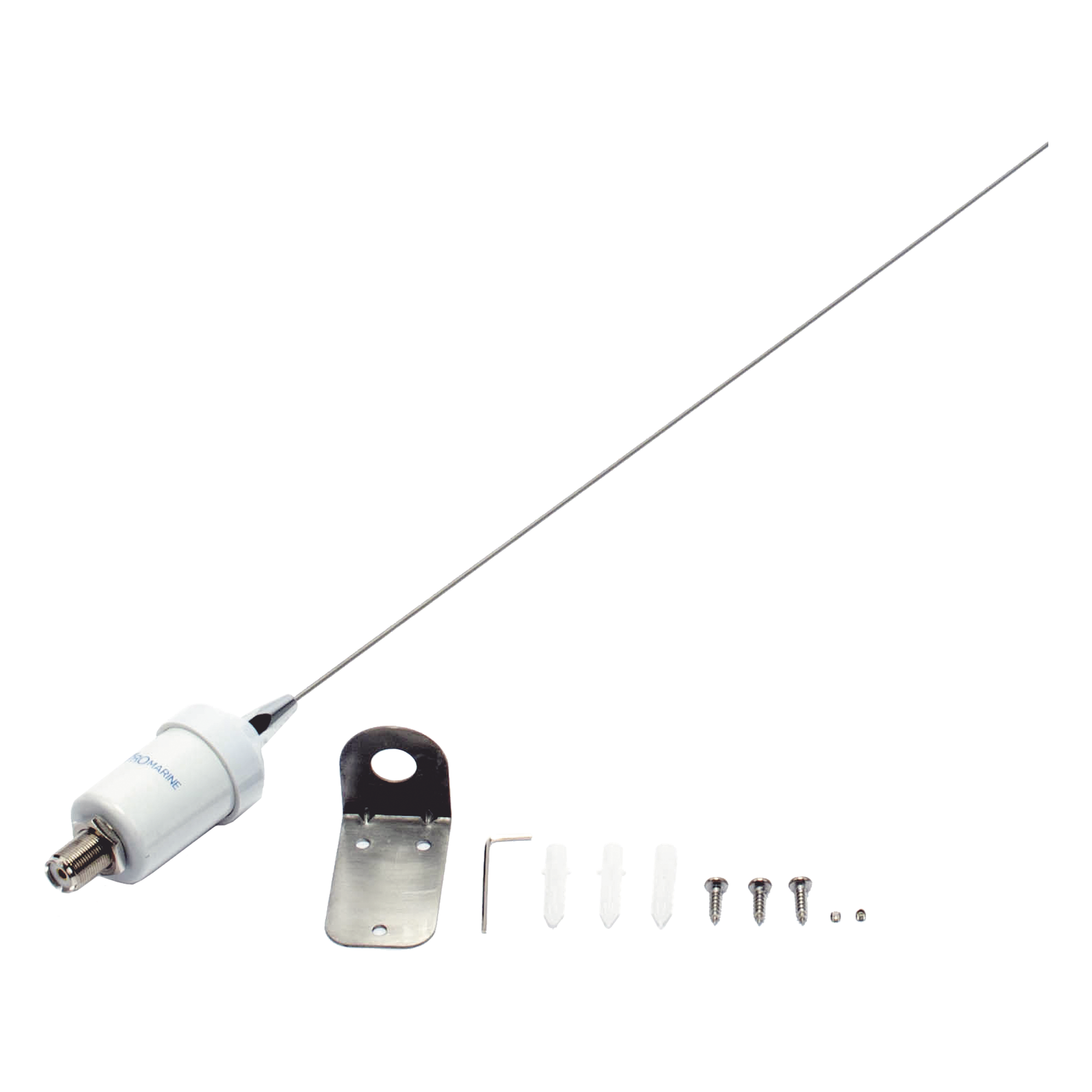 Antena Marina VHF / 156-163 MHz / 3.5 dBi / Acero Inoxidable / Cable 4.5 m (14.8 ft) / Montaje en L / PL-259 / Exterior