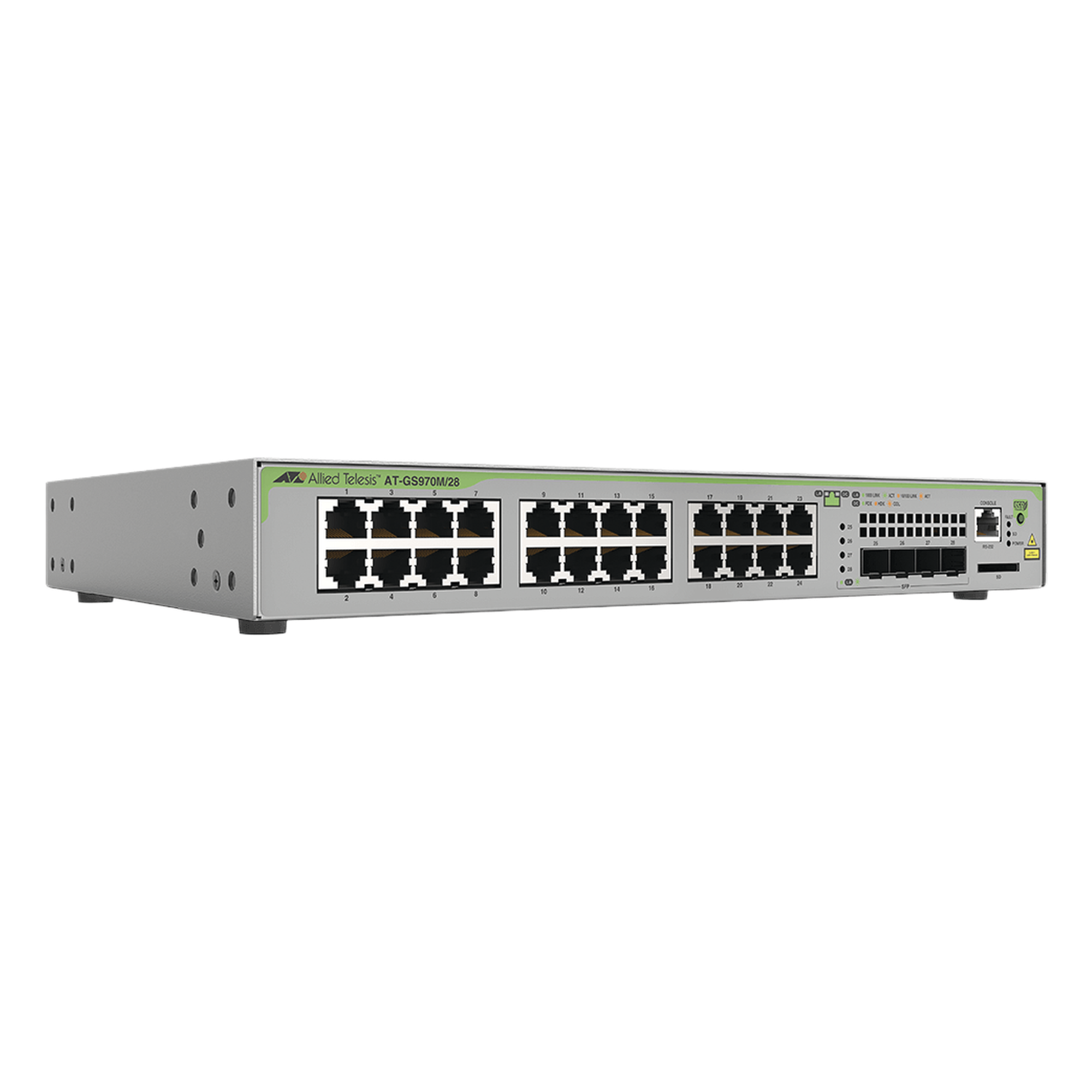 Switch Administrable Capa 3 / 24 Puertos 10/100/1000 Mbps / 4 SFP Gigabit / 56 Gbps Switching Fabric / 41.7 Mpps — ALLIED TELESIS · SKU AT-GS970M/28-10