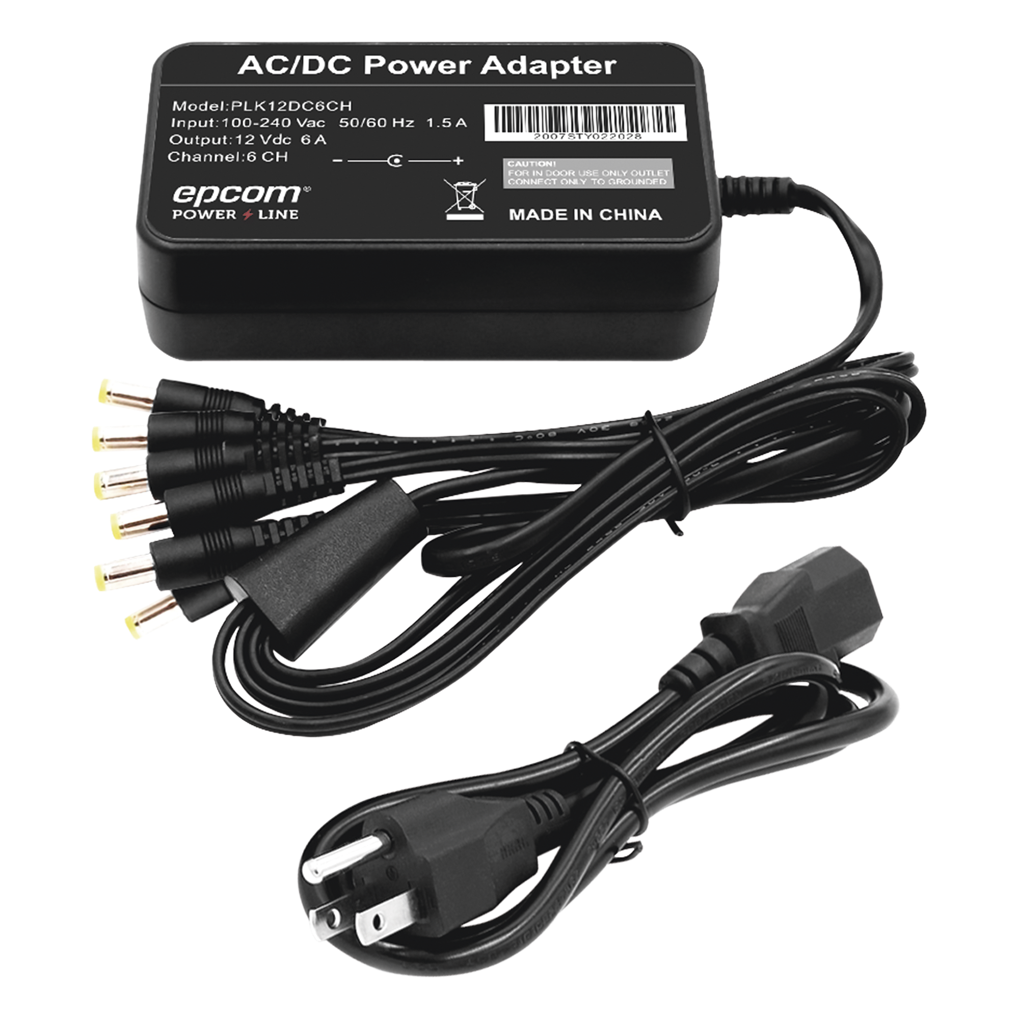 Fuente de Poder / 6 Salidas Jack Macho / 12 Vcc / 6 A / Entrada 100-240 VCA / 72 W / 117x62x34 mm (0.38x0.20x0.11 ft) — EPCOM POWERLINE · SKU PLK12DC6CH