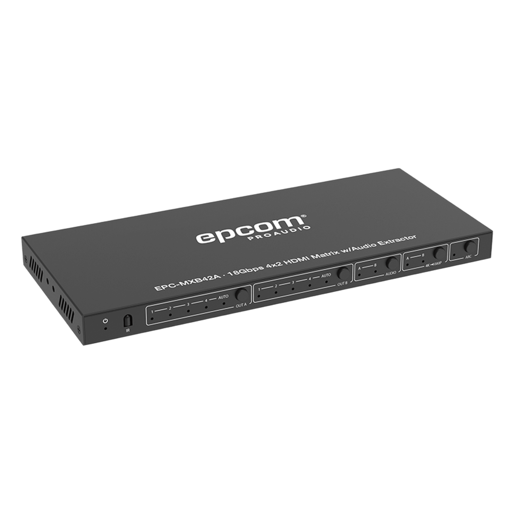 Matriz HDMI / 4 Entradas x 2 Salidas / 4K2K@60Hz / HDR / YCbCr 4:4:4 / HDCP 2.2 / 18 Gbps / Extractor de Audio / Downscaling 4K a 1080p — EPCOM PROAUDIO · SKU EPC-MXB42A