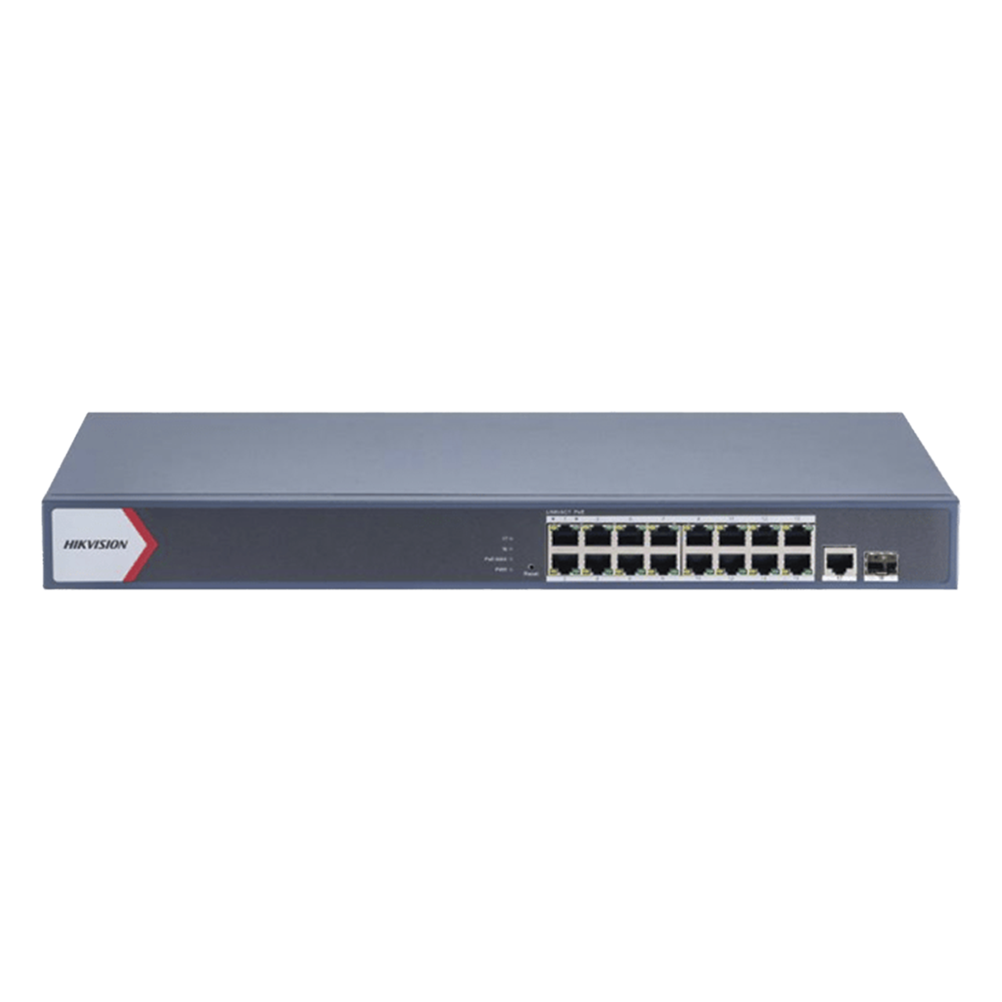 Switch PoE+ Monitoreable / 16 Puertos Gigabit / 1 Puerto Uplink Gigabit / 1 Puerto SFP / Alcance Extendido 300 m (984.3 ft) / 130 W / Gestión en Nube — HIKVISION · SKU DS-3E1518P-EI/M
