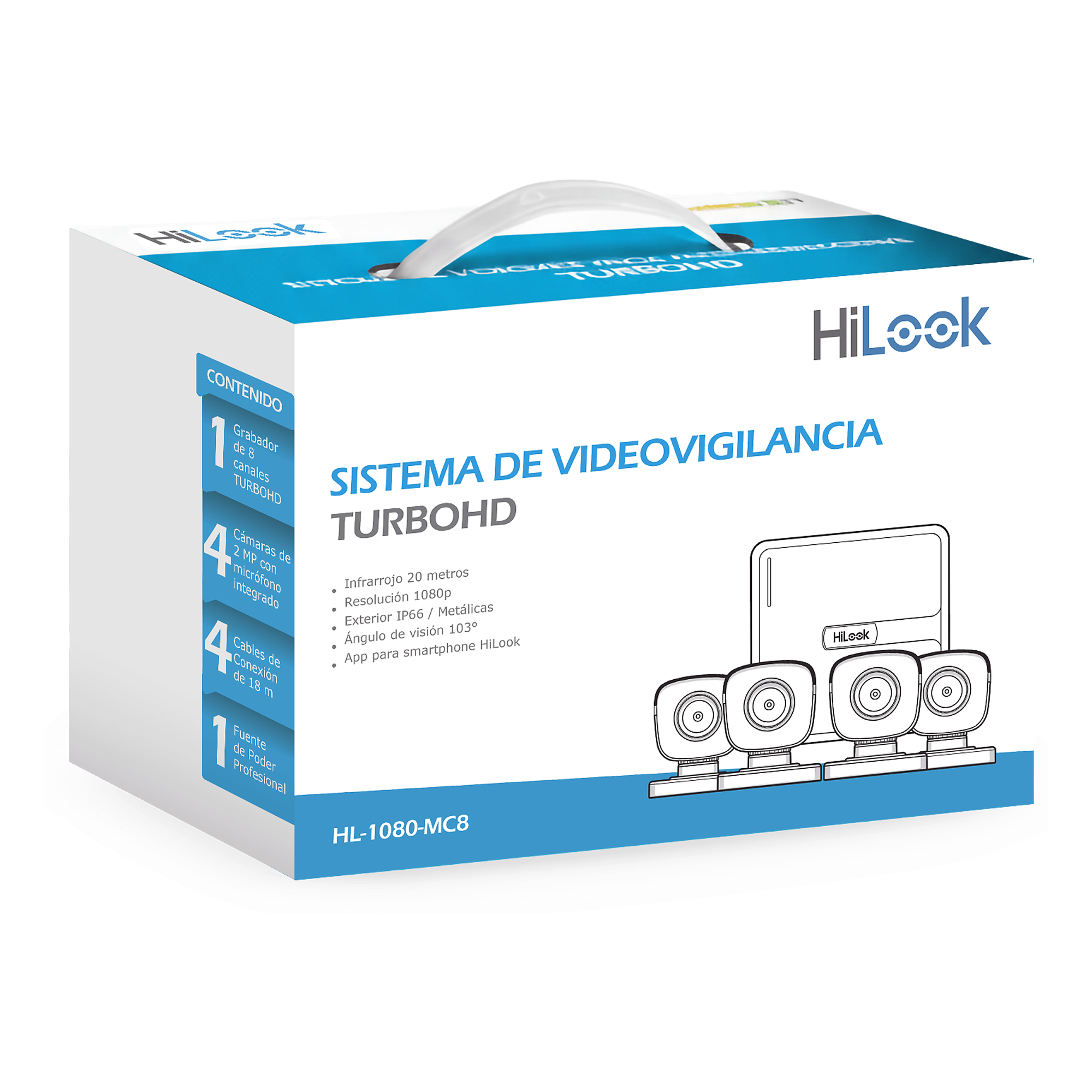 Kit TurboHD / DVR 8 Canales / 1080p / H.265+ / 4 Cámaras Bala 2 MP / Lente 2.8 mm / Cables 18 m (59.1 ft) — HiLook by HIKVISION · SKU HL-1080-MC8