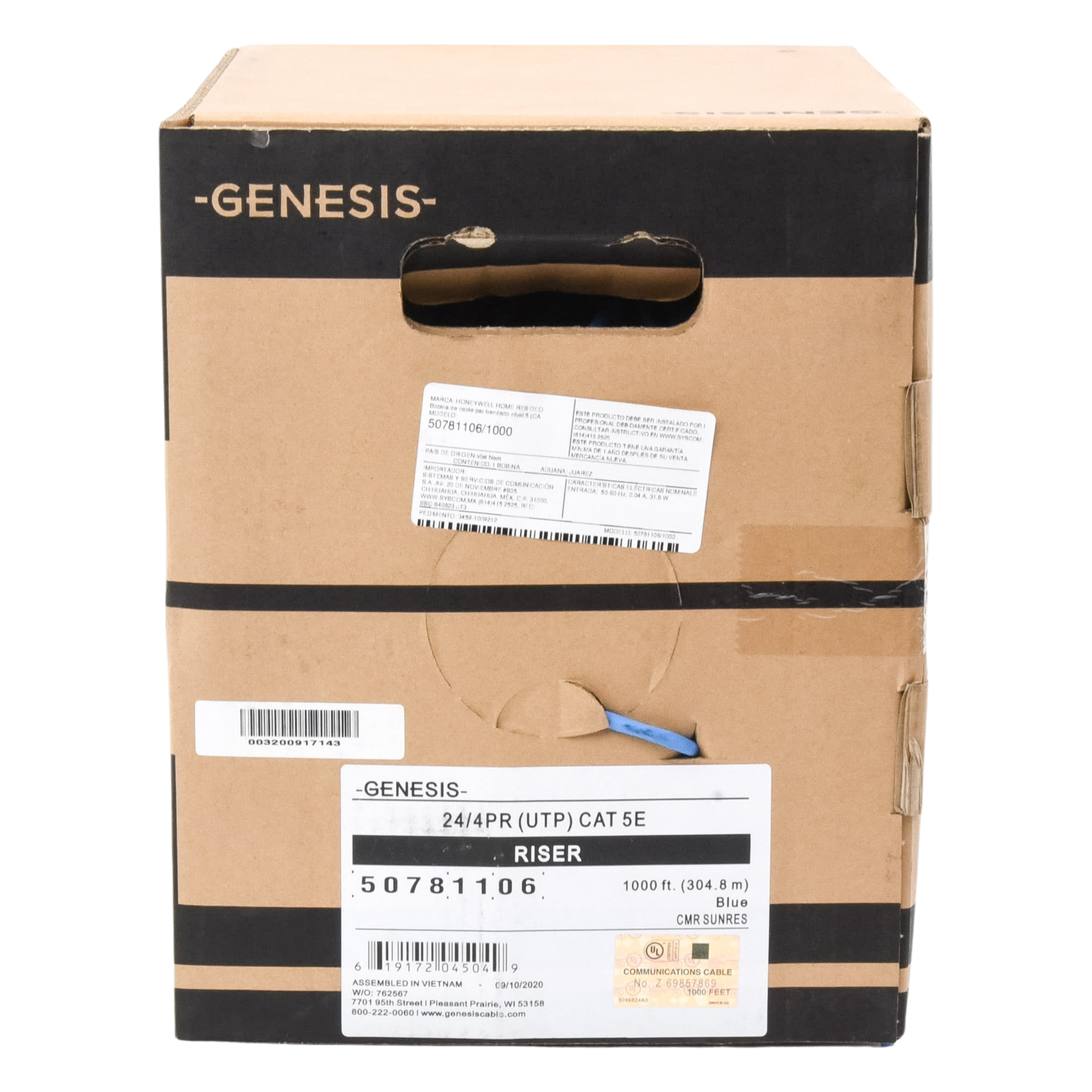 Bobina de 305 Metros (1000 Pies) Cable Par Trenzado Nivel 5 (CAT 5e) / CMR / Color Azul / 4 Pares de Conductores Sólidos de Cobre AWG 24 / Para Aplicaciones de CCTV, Redes de Datos, IP Megapixel, Control RS485