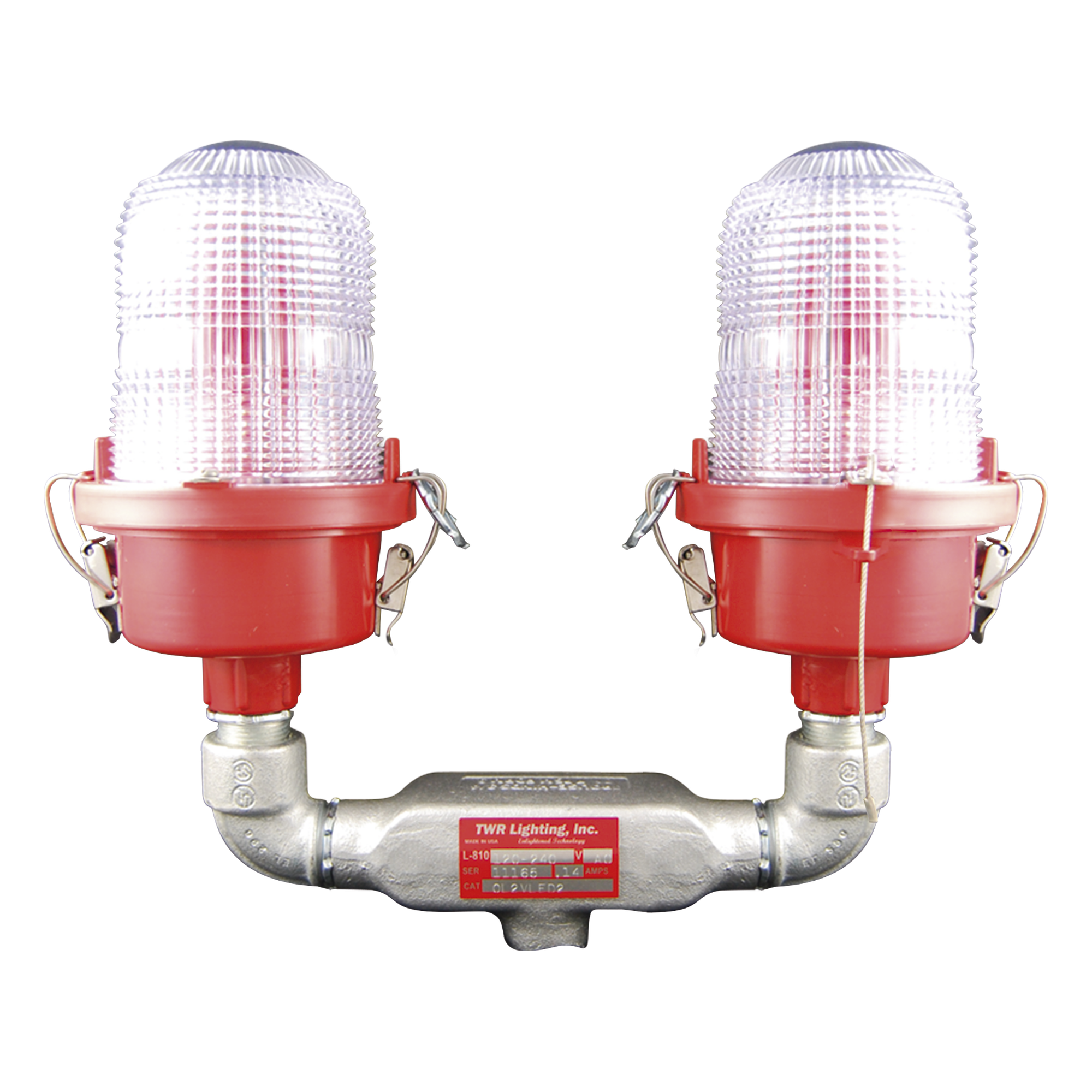 Lámpara de Obstrucción Aeronáutica / Luz Fija Tipo L-810 / Doble LED Rojo / 120-240 Vca / 360° Cobertura Horizontal / IR 850 nm — TWR · SKU OL2-VLED2-IR