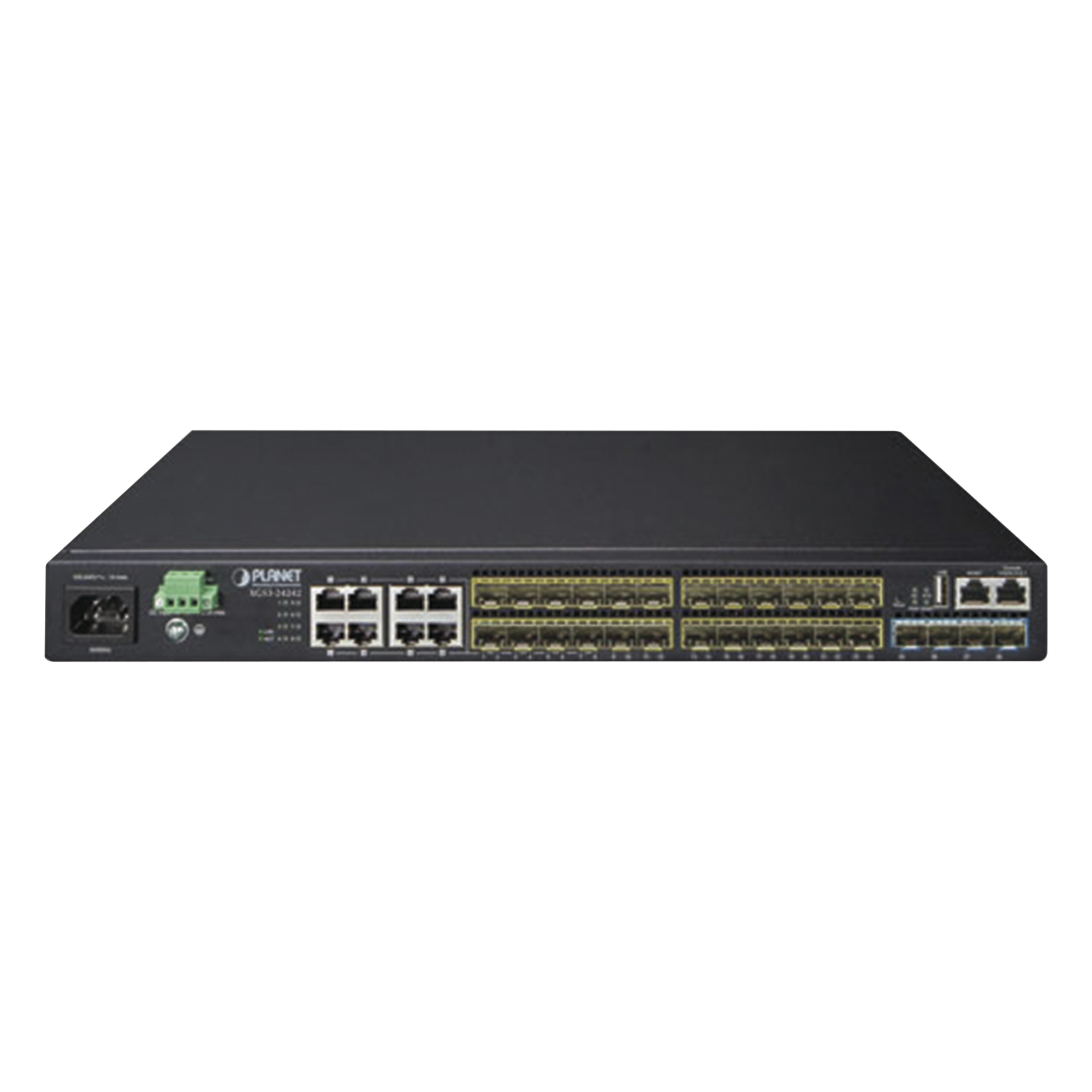 Switch Core Capa 3 / 24 SFP 100/1000X / 8 RJ45 Gigabit Compartidos / 4 SFP+ 10G / 95.23 Mpps / 1.44 x 0.79 x 0.14 pies