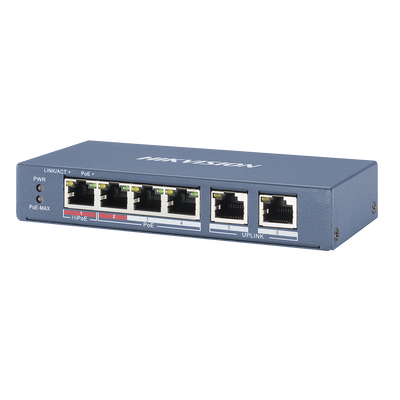 Switch PoE+ / No Administrable / 3 Puertos 10/100 Mbps PoE+ 30W / 1 Puerto Hi-PoE 60W / 2 Puertos Uplink / Modo Extendido hasta 300 m (984 pies) — HIKVISION · SKU DS-3E0106HP-E
