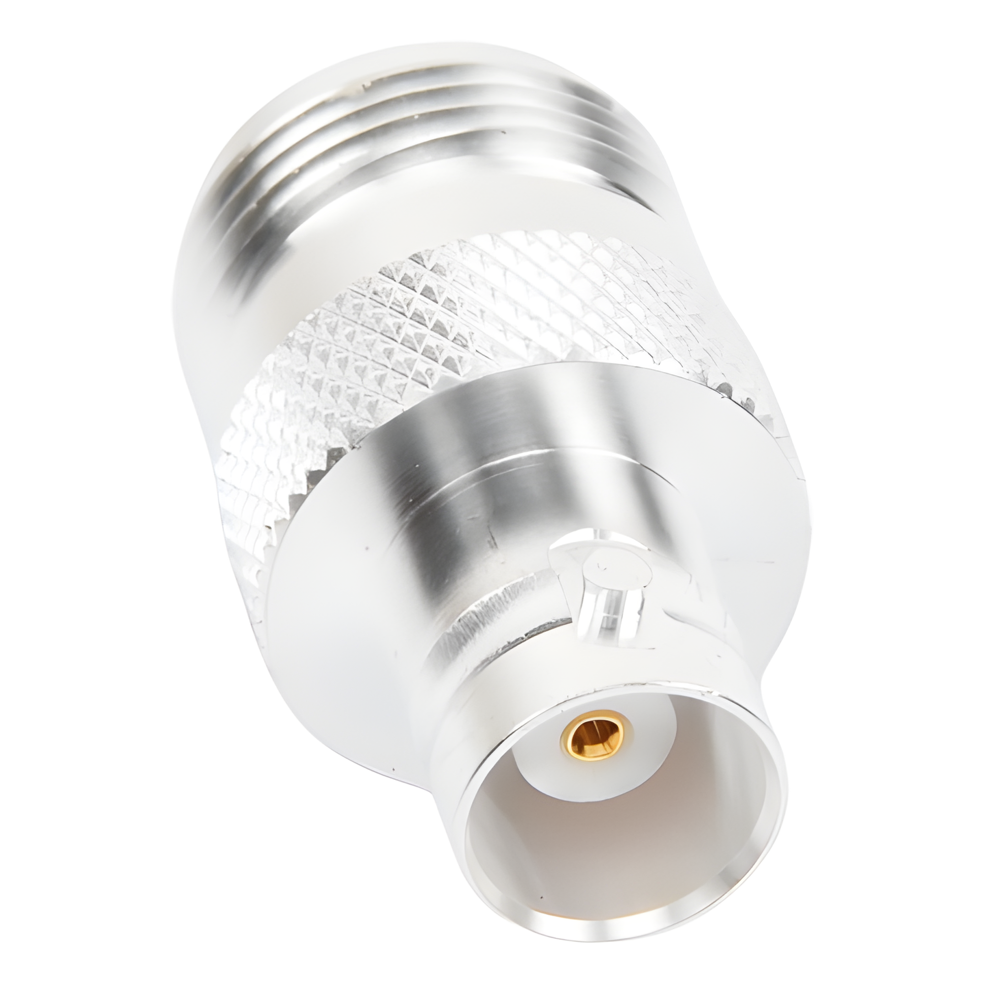 Adaptador Coaxial en Línea / N Hembra a BNC Hembra / Cuerpo Bronce Plateado / Contacto Oro / Aislante Teflón