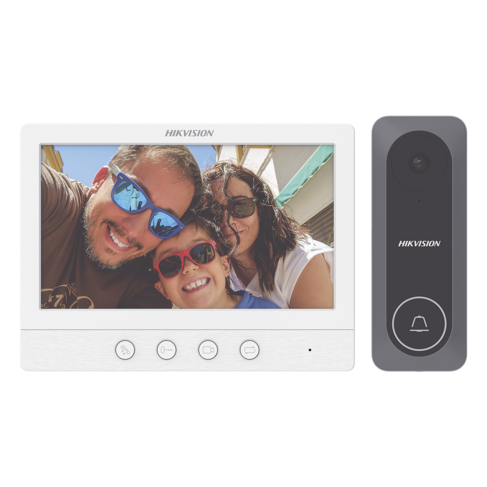Kit de Videoportero / Pantalla LCD 7" / 720p / Gran Angular 130° / Frente de Calle IR 3 m (9.8 ft) / Conexión 4 Hilos / 3 Monitores / 2 Frentes de Calle — HIKVISION · SKU DS-KIS212