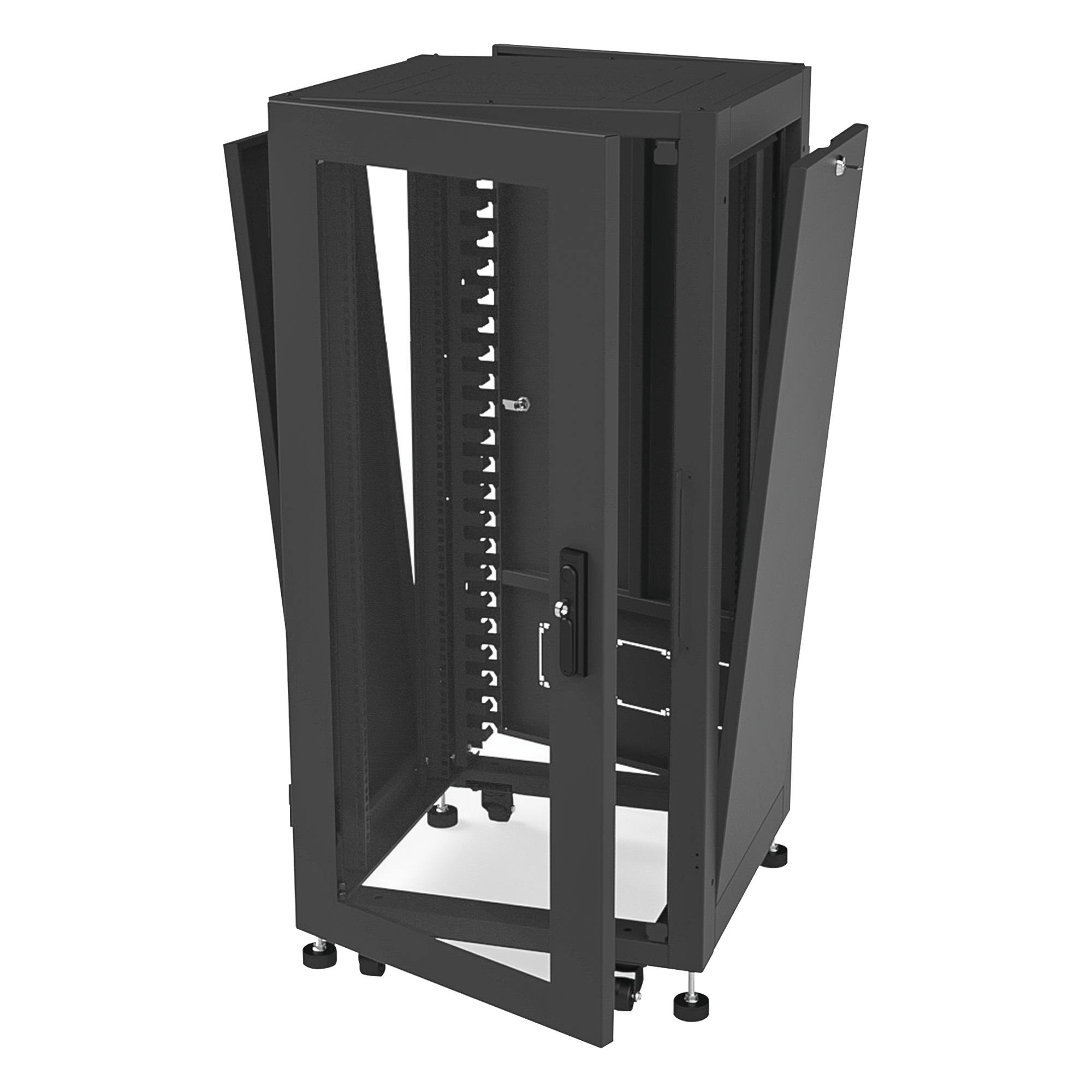 Gabinete de Piso 19in / 24UR / 600 mm Profundidad / Carga 532 kg / Puerta con Cristal Templado / Cierre 3 Puntos