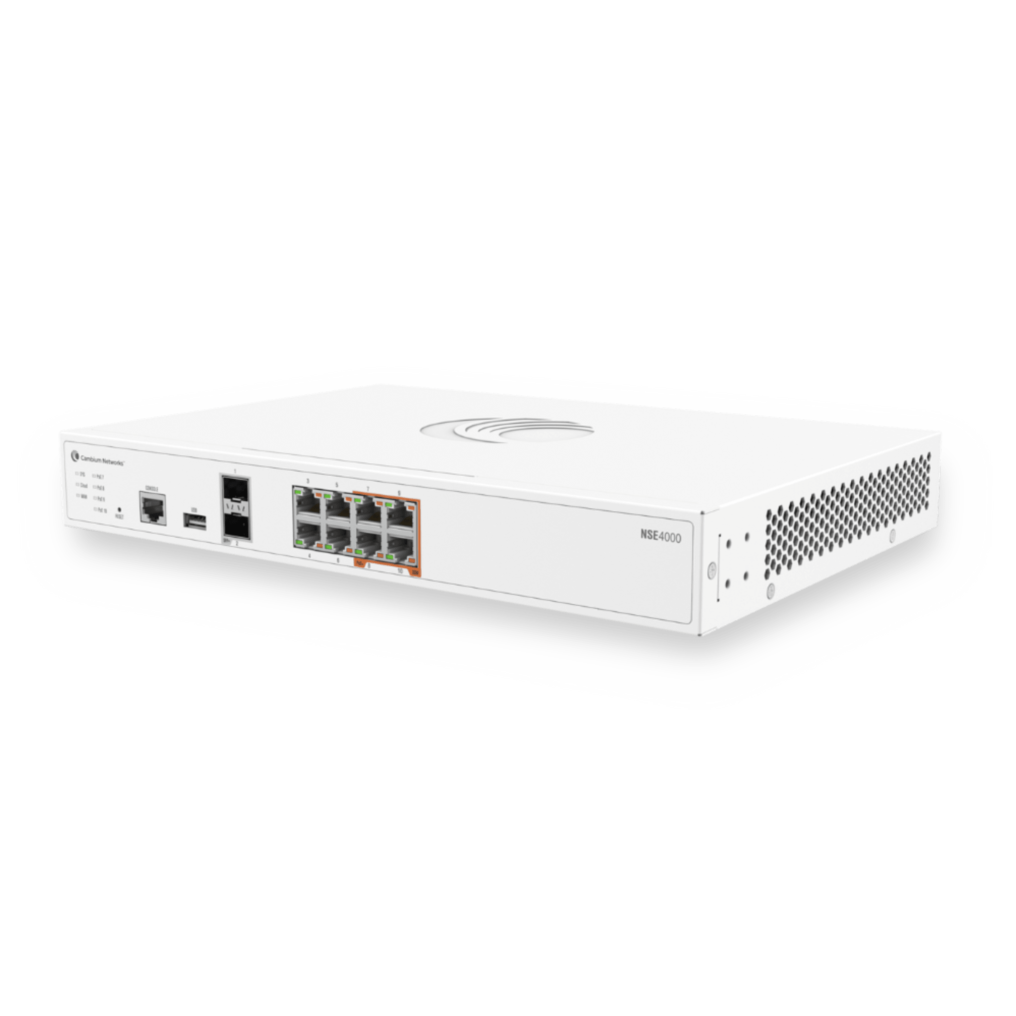 Network Service Edge / 10 Gbps Firewall / 2.5 Gbps Advanced Security / 8 x 2.5 GbE RJ45 / 2 x 10 GbE SFP+ / 4x PoE+ / SD-WAN / Cloud Management — CAMBIUM NETWORKS · SKU NSE4000