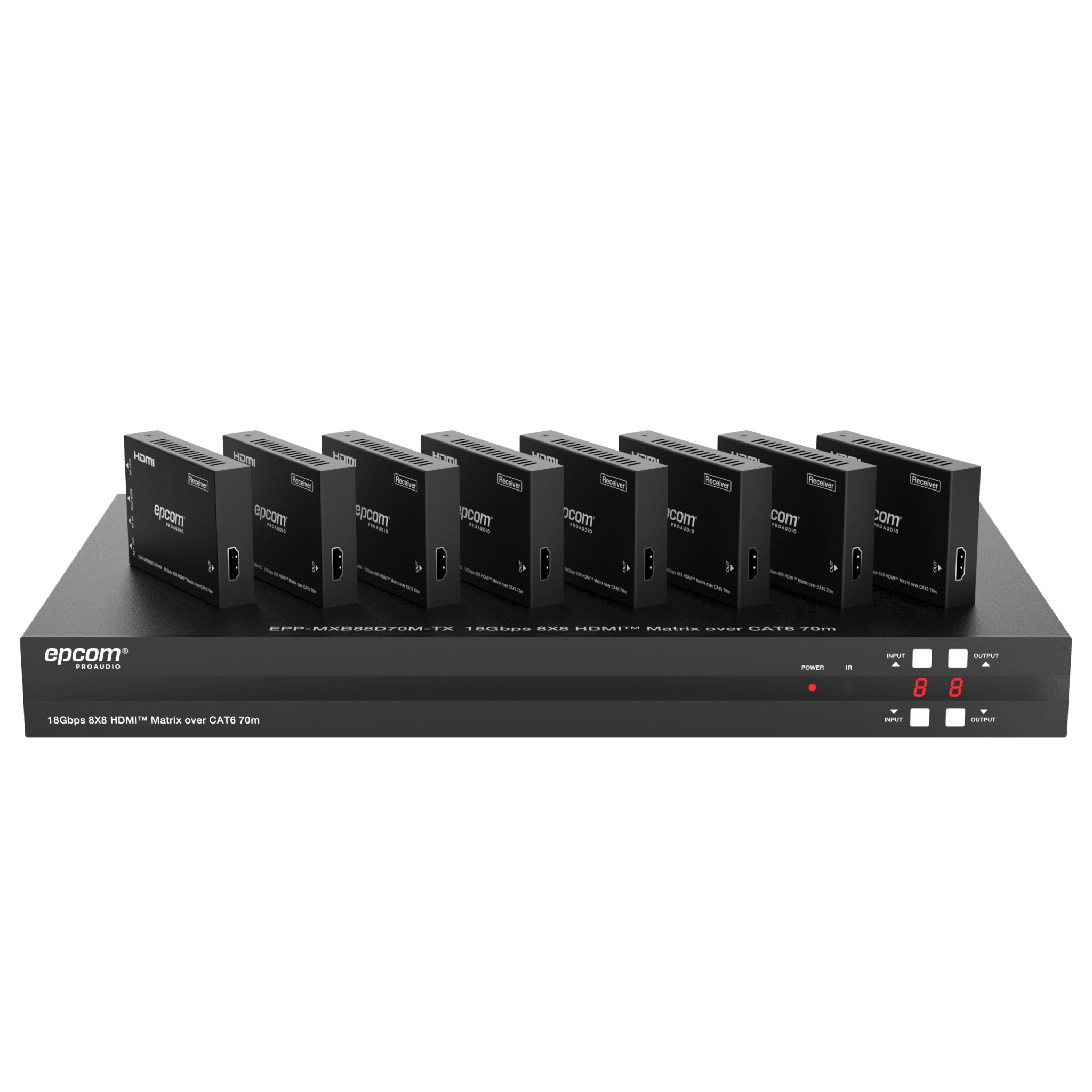 Matriz HDMI 8x8 | 4K@60Hz 4:4:4 | 8 Salidas HDMI + 8 CAT | Extensión hasta 70 m | Audio HD | Control IR/LAN/RS-232/Web GUI