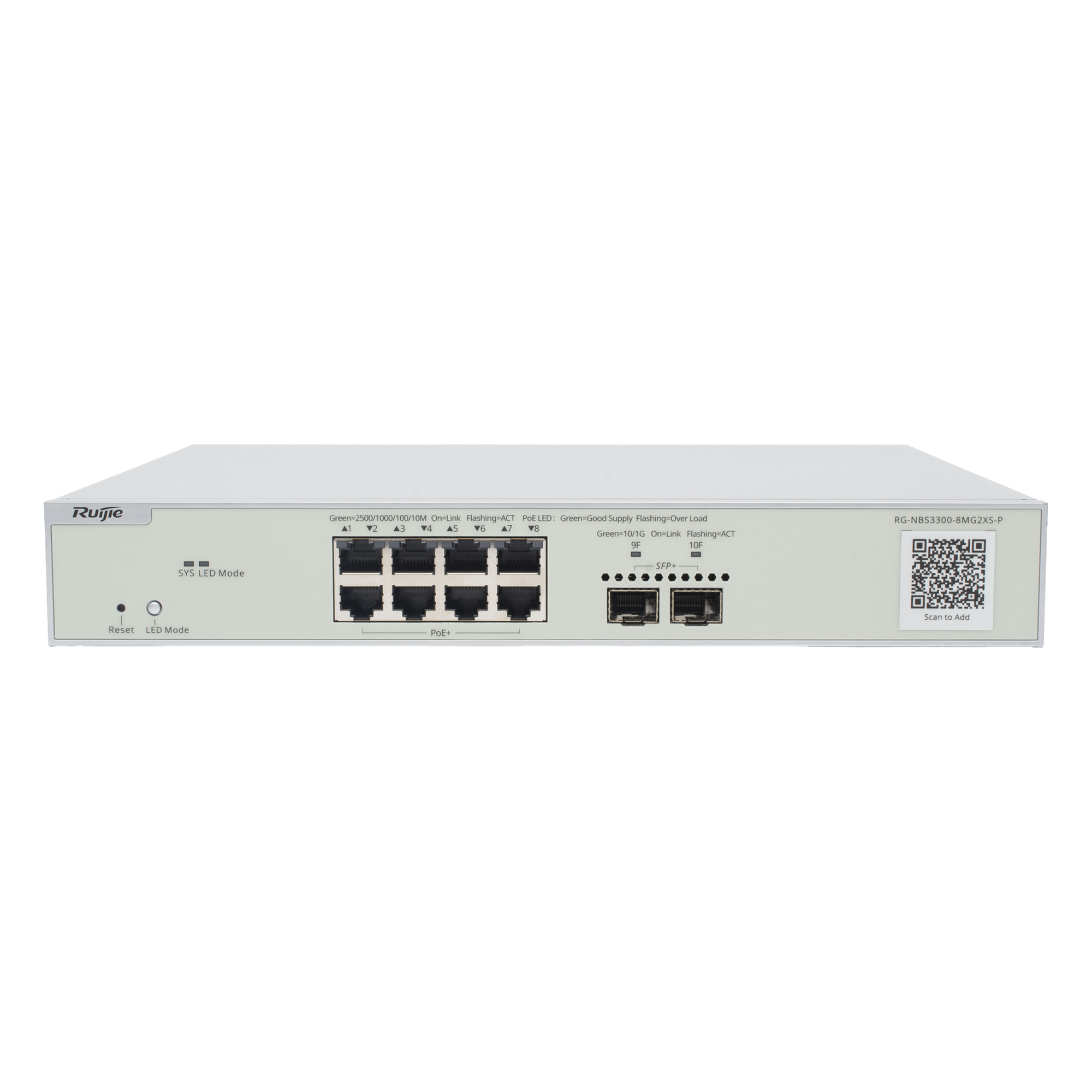 Switch PoE+ Multi-Gigabit / 8 Puertos 2.5G / 2 Uplink SFP+ 10G / Capa 2 / 240W PoE / 80 Gbps / Cloud Administrable — RUIJIE · SKU RG-NBS3300-8MG2XS-P