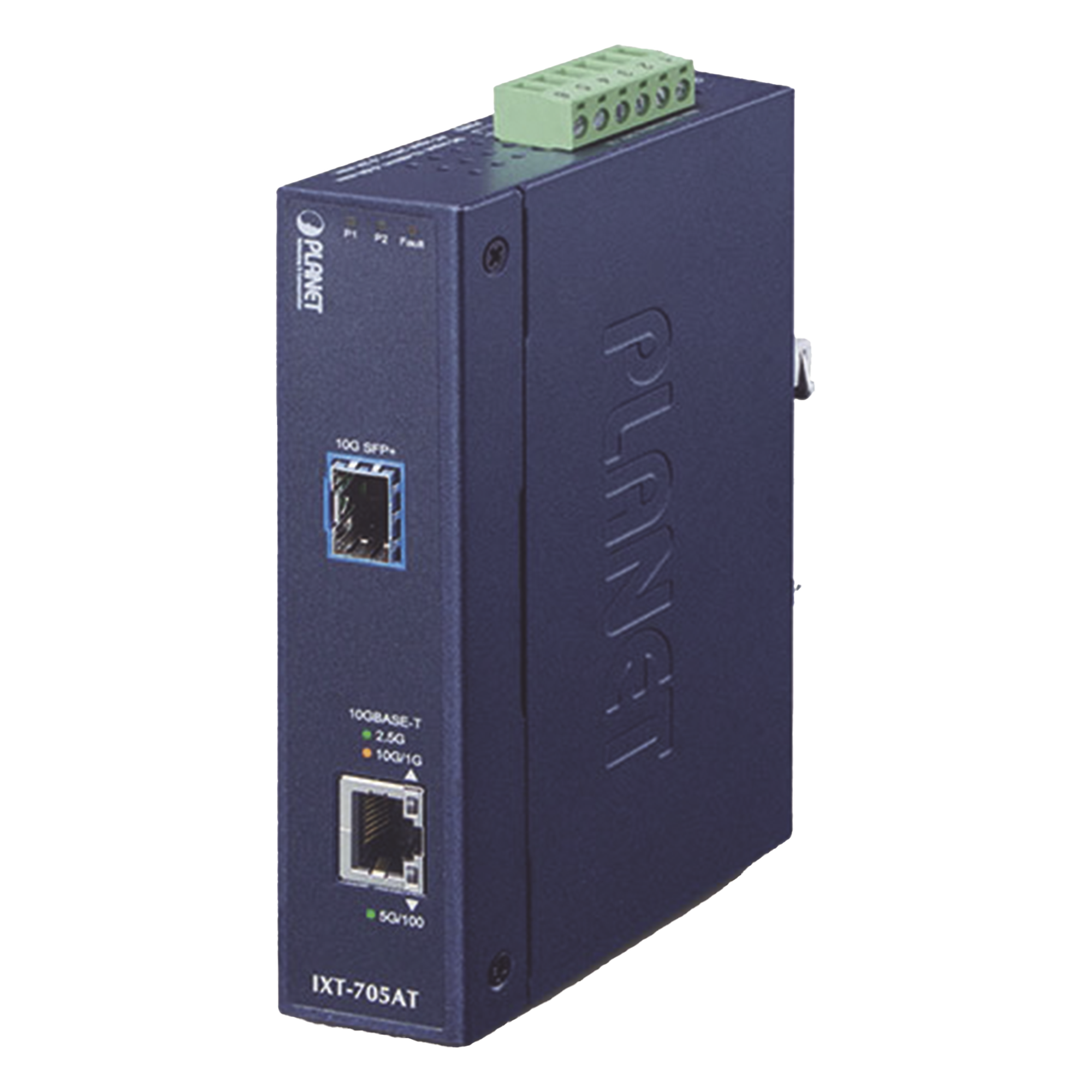 Convertidor de Medios Industrial / 10G/5G/2.5G/1G/100M / SFP+ 10GBASE-X / IP30 / -40°C a 75°C / Alimentación Redundante DC — PLANET · SKU IXT-705AT