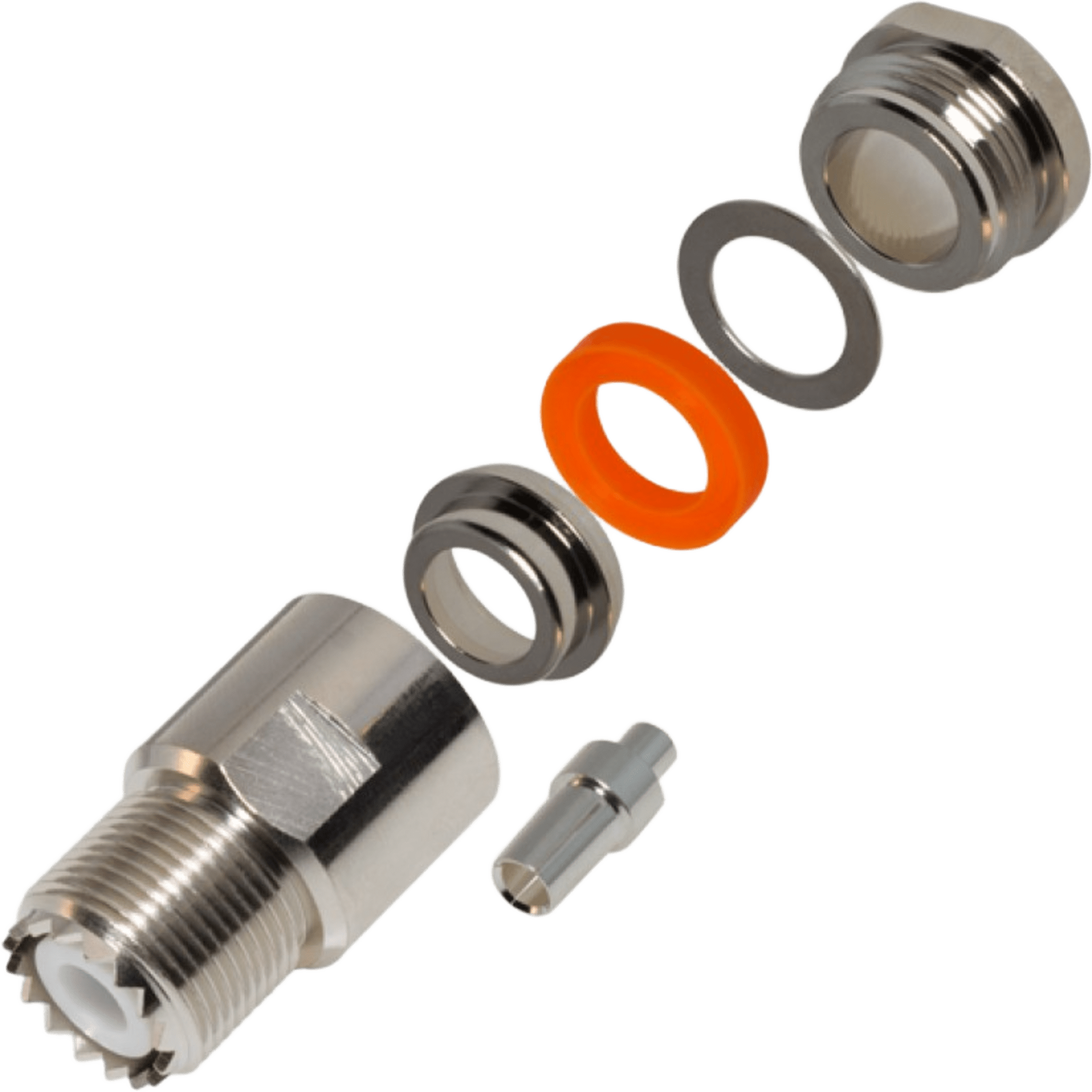 Conector UHF Hembra / SO-239 / Rosca en Línea / Contacto de Plata / Dieléctrico Teflón / Para RG-8/U, LMR-400 y 9913 — RF INDUSTRIES,LTD · SKU RFU-520-I