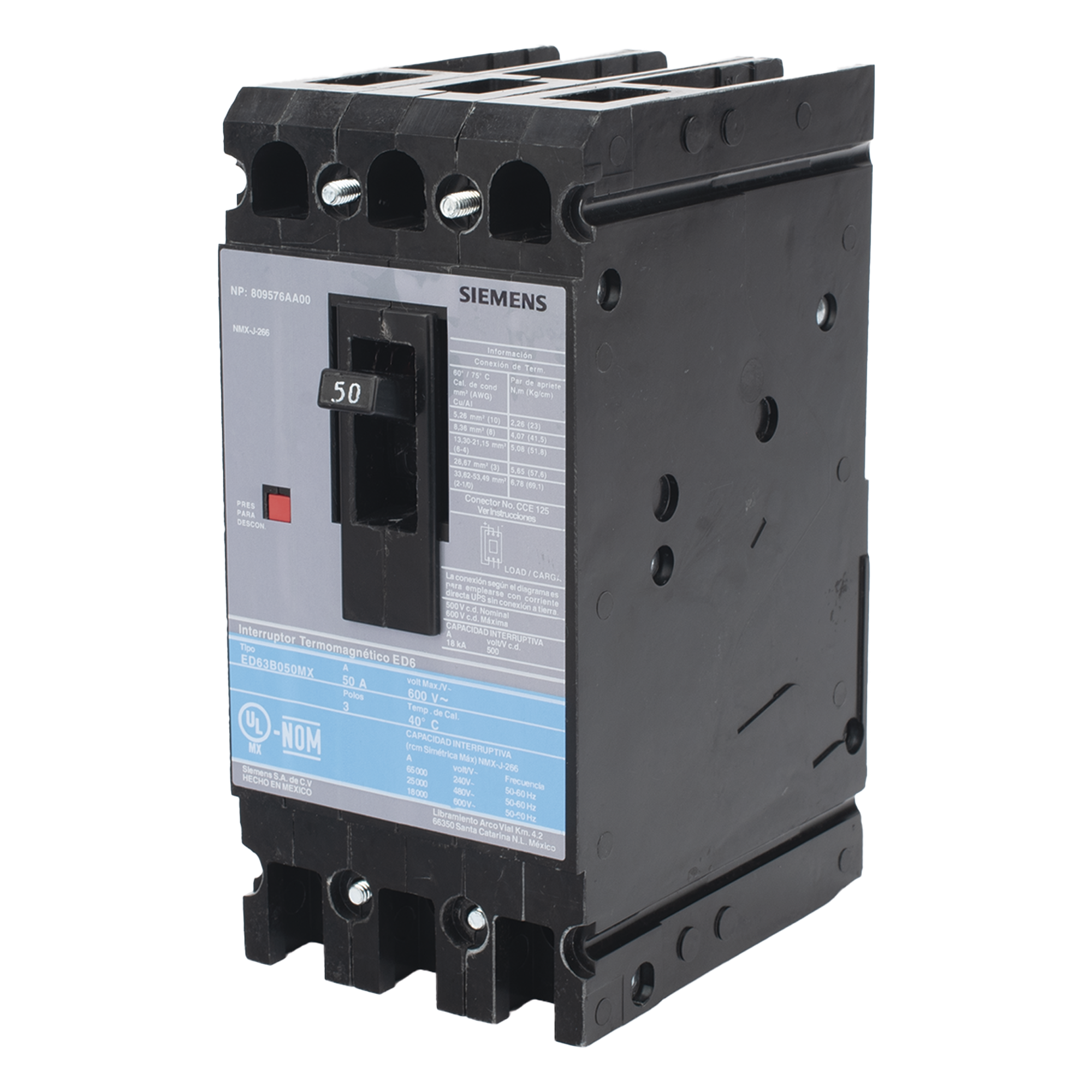 Interruptor Termomagnético / 3 Polos / 50A / 600V CA / Capacidad Interruptiva 25 kA / Gabinete N1 y N3R — SIEMENS · SKU ED63B050MX