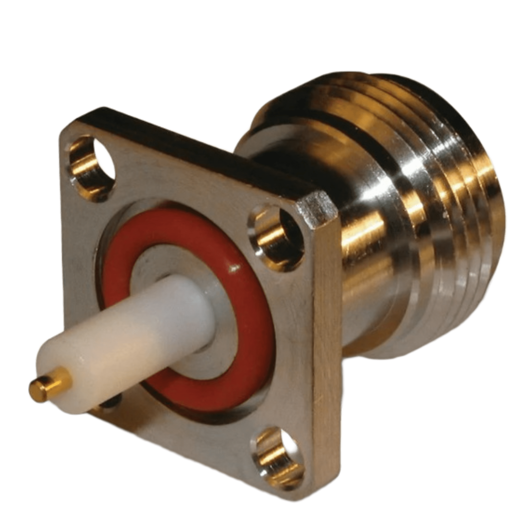 Conector RF / N Hembra / Soldable / Chasis 4 perforaciones / 18 mm / Bronce plateado / Contacto oro — SYSCOM PARTS · SKU 82-6095-RFX