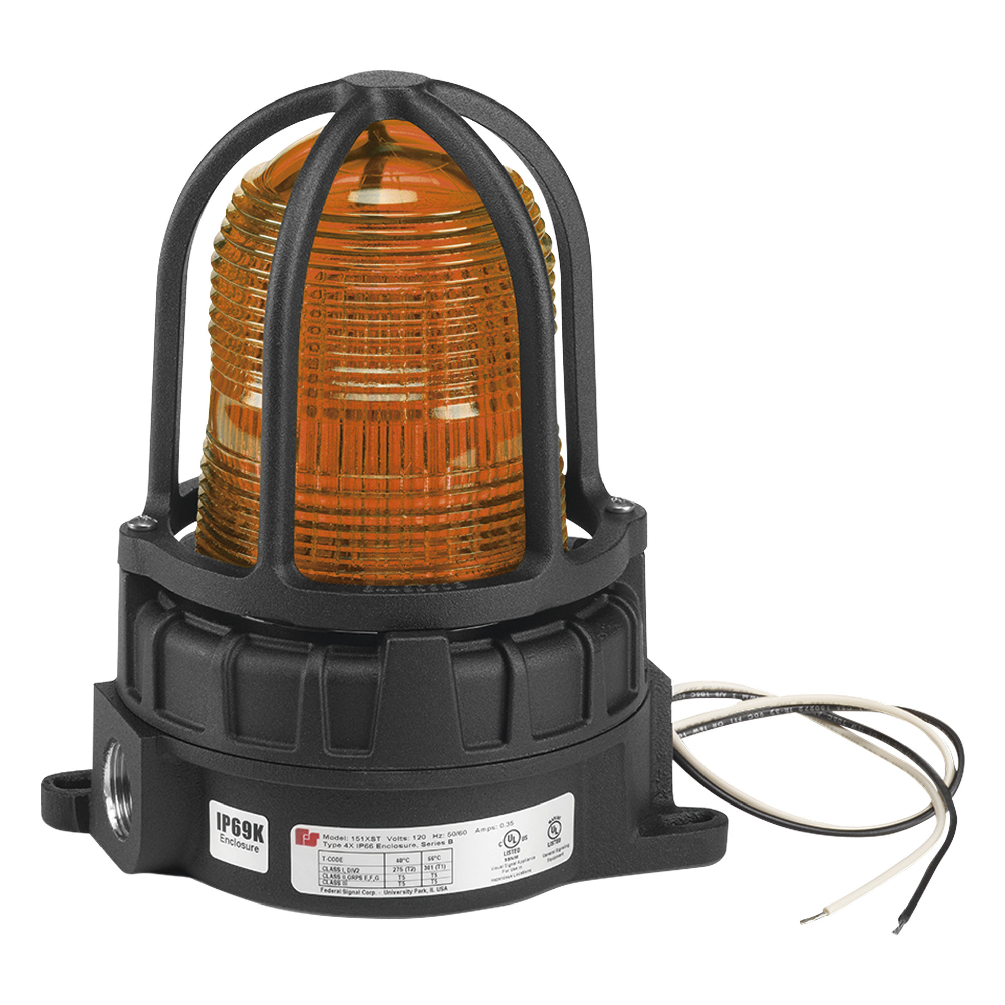 Luz de Advertencia LED / Ubicaciones Peligrosas / 24 VCD / Ámbar / IP66 e IP69K / -50°C a 66°C / Montaje Superficie o Tubería 3/4" — FEDERAL SIGNAL INDUSTRIAL · SKU 191XLS-024-A