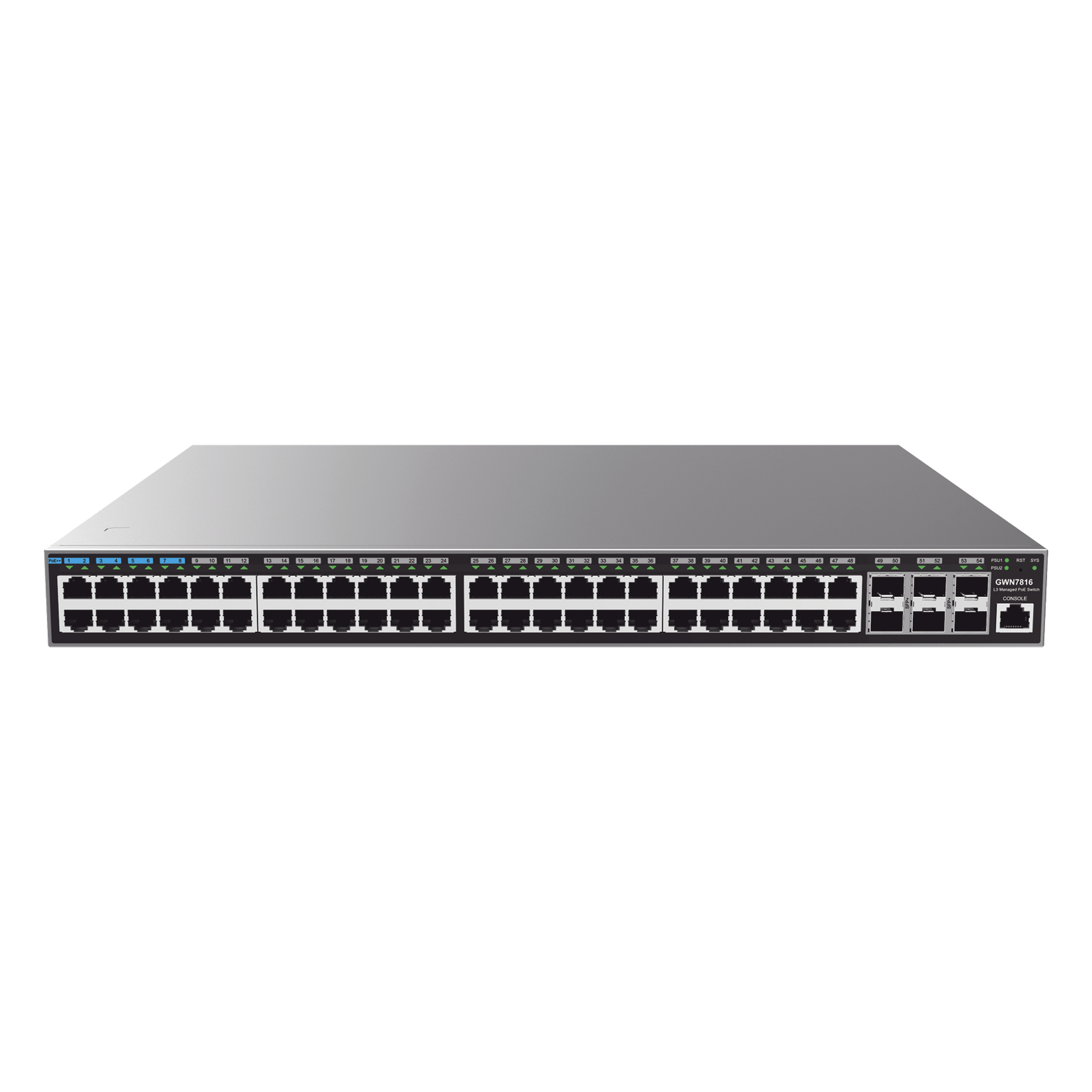Switch Capa 3 Administrable / 48 Puertos Gigabit + 6 SFP+ 10G / Conmutación 216 Gbps / Montaje Rack 1U