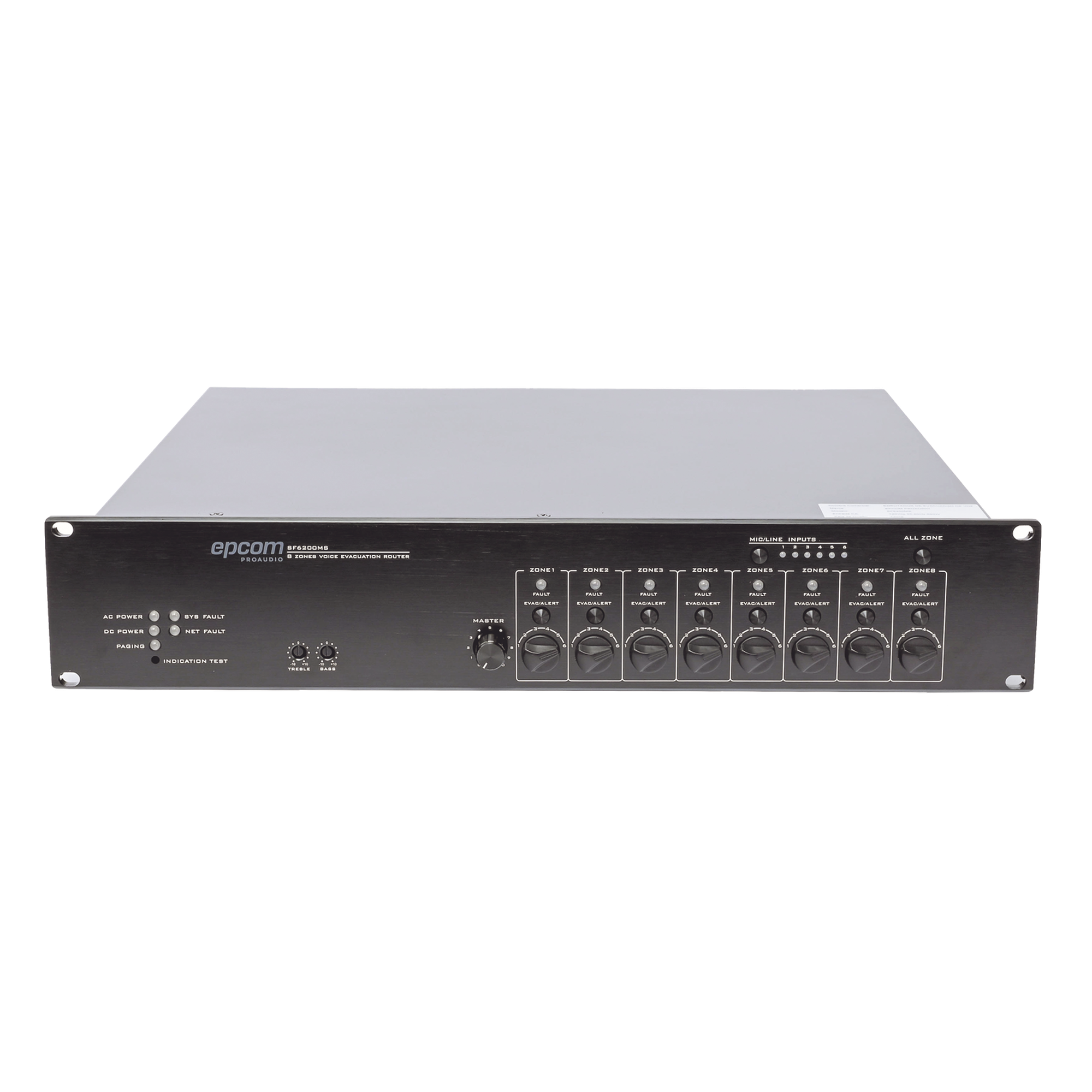 Controlador de Extensión de Evacuación por Voz / 8 Zonas / 500W / 19 Unidades en Cascada / 6 Entradas de Audio / Monitoreo Automático de Bocinas — EPCOM PROAUDIO · SKU SF-6200MS