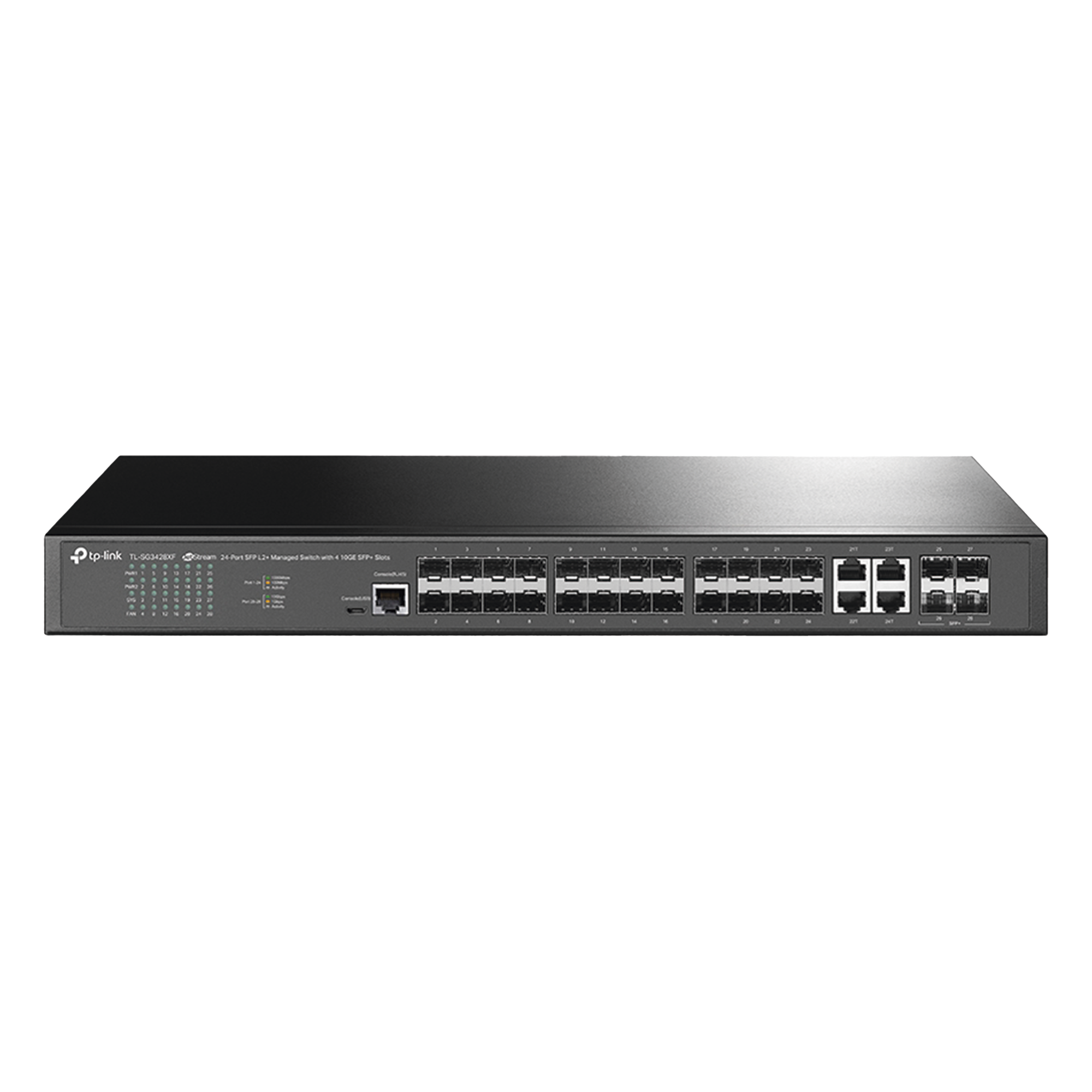 Switch de Fibra Óptica L2+ / 24 Puertos SFP 1GE / 4 Puertos Combinados SFP+/RJ45 / 128 Gbps / 95.23 Mpps / Gestión Centralizada / IPv6 / IGMP Multicast — TP-LINK · SKU TL-SG3428XF