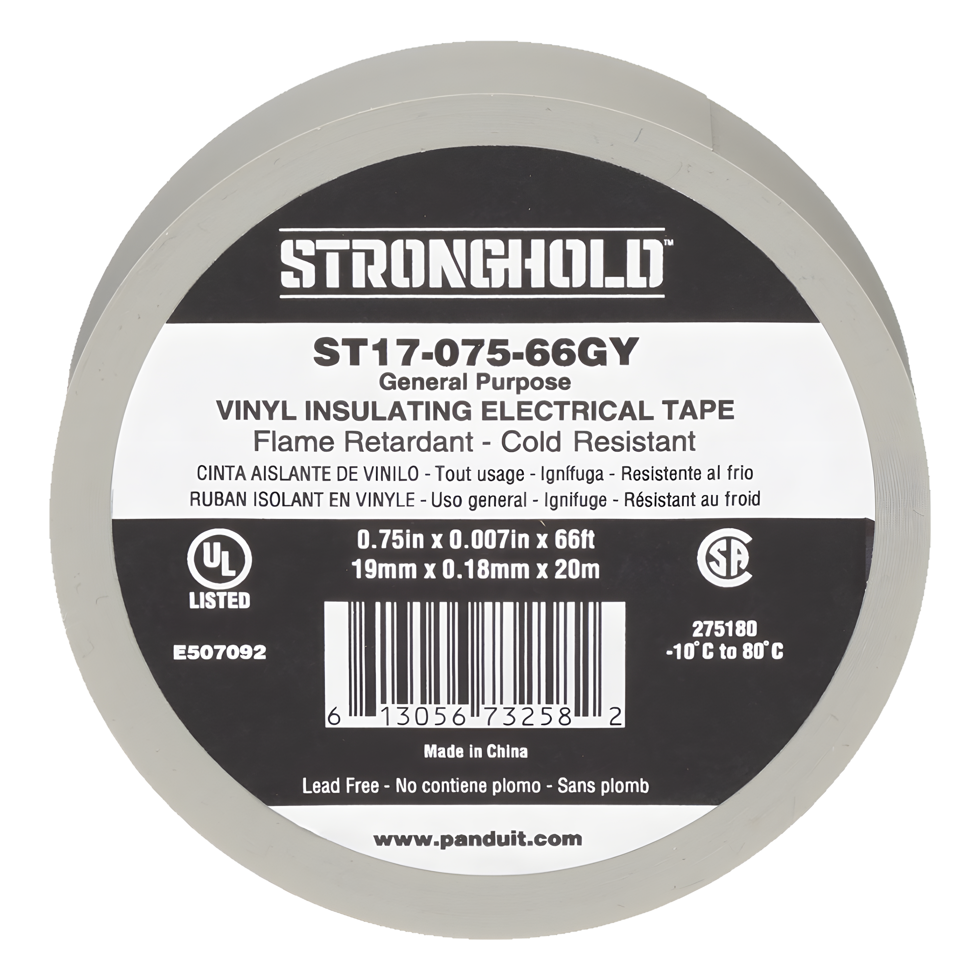 Cinta Aislante Eléctrica / PVC 0.18 mm / 19 mm x 20.12 m (66 ft) / 600V / UL 510 / Gris — PANDUIT · SKU ST17-075-66GY