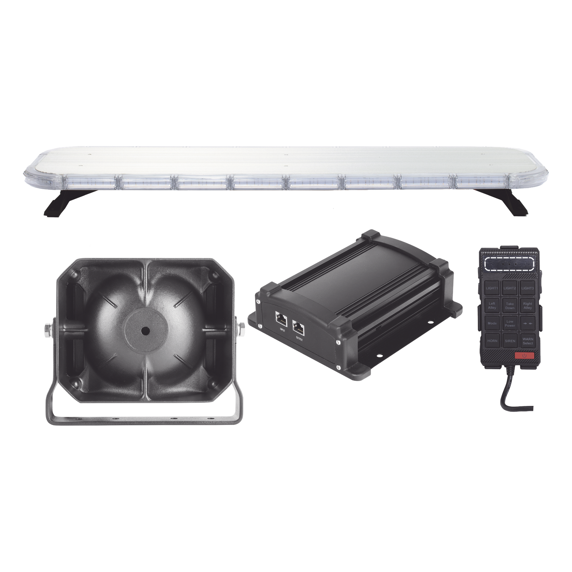 Kit de Equipamiento para Seguridad Pública / Barra LED 132 Hyperlux / Sirena 100W Mono-mando / Bocina 8 Ohms / Control de Tráfico Ámbar / 45 Patrones de Destello — EPCOM INDUSTRIAL SIGNALING · SKU X75RBASKITF