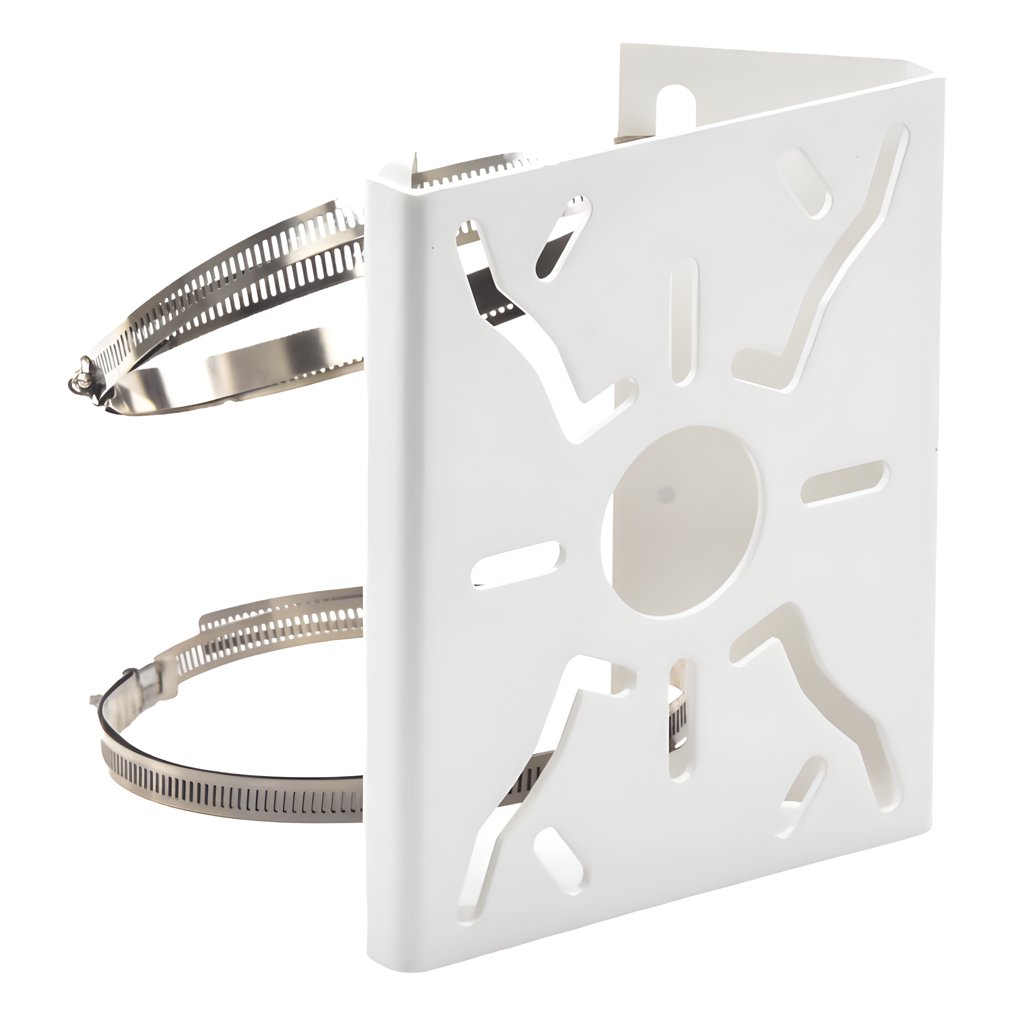 Soporte Universal para Poste / Acero Resistente a la Intemperie / Carga 10 kg / Dimensiones Compactas 200x155x72 mm / Interior/Exterior — SYSCOM VIDEO · SKU XGAMPOLE