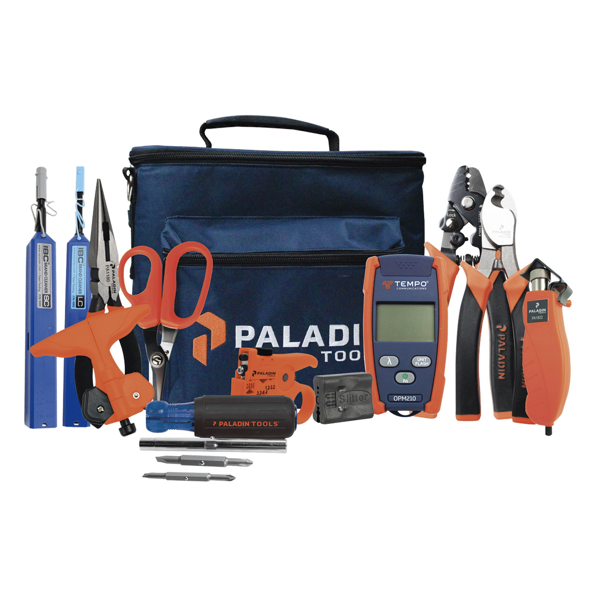 Kit de Herramientas para Fibra Óptica / Medidor de Potencia OPM-210 / 6 Desforradoras / Tijeras Kevlar / Limpieza 2.5mm y 1.25mm / Estuche Organizador — TEMPO · SKU FTK-PP