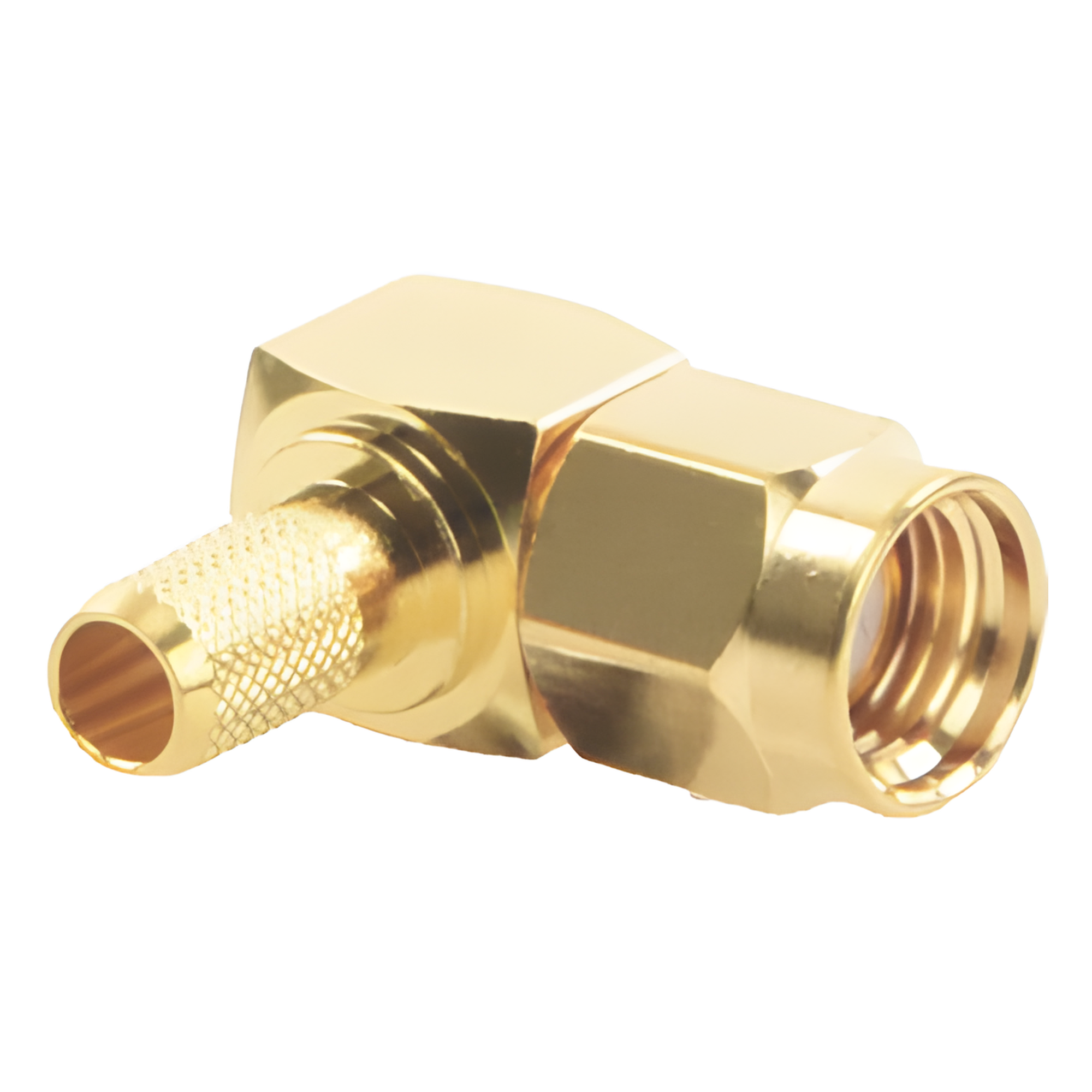 Conector SMA Macho Inverso / Ángulo Recto / Anillo Plegable / Cables RG-58/U y RG-142/U / Cuerpo Bronce Oro / Aislante Teflón — RF INDUSTRIES,LTD · SKU RP-3010-1C1