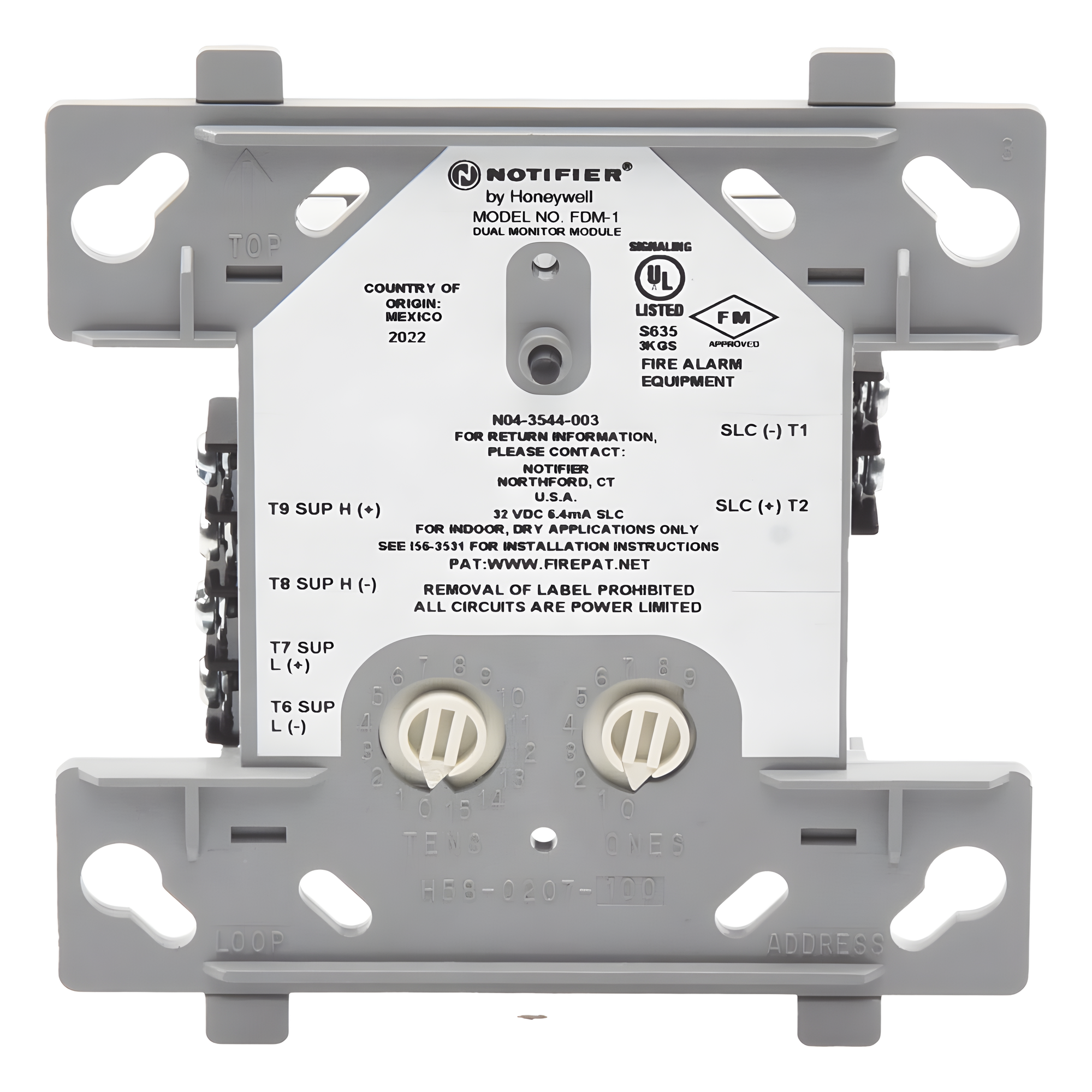 Módulo Monitor Dual Direccionable / 2 Circuitos IDC Clase B / Autoasignación Consecutiva / Alimentación por Lazo SLC — NOTIFIER · SKU FDM-1