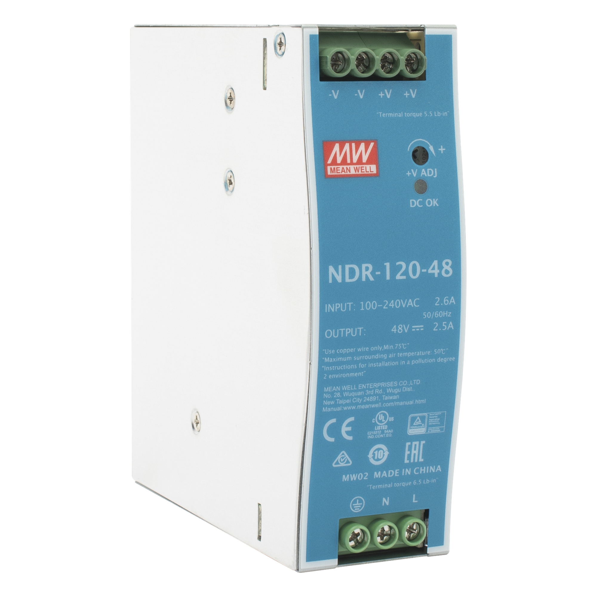 Fuente de poder industrial / 120 W / 48 Vcc / 2.5 A / Entrada universal 90~264 VCA / Riel DIN
