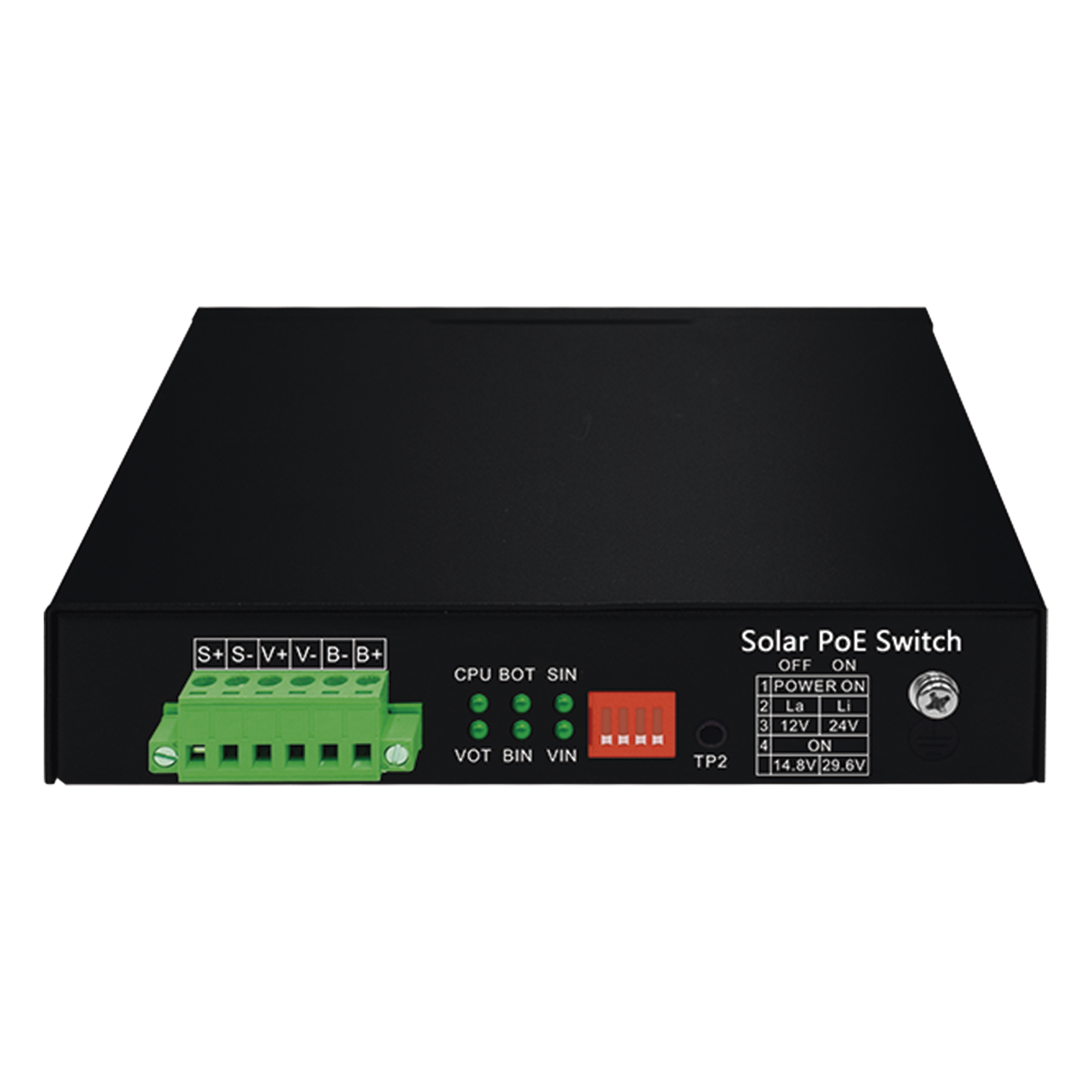 Controlador Solar de 15A con Switch PoE /  1 Puerto Gigabit PoE 802.3 bt / 2 Puertos PoE 802.3 af/at / 2 Puertos PoE Pasivo 24/48 Vcc / 1 Puerto SFP / No administrable