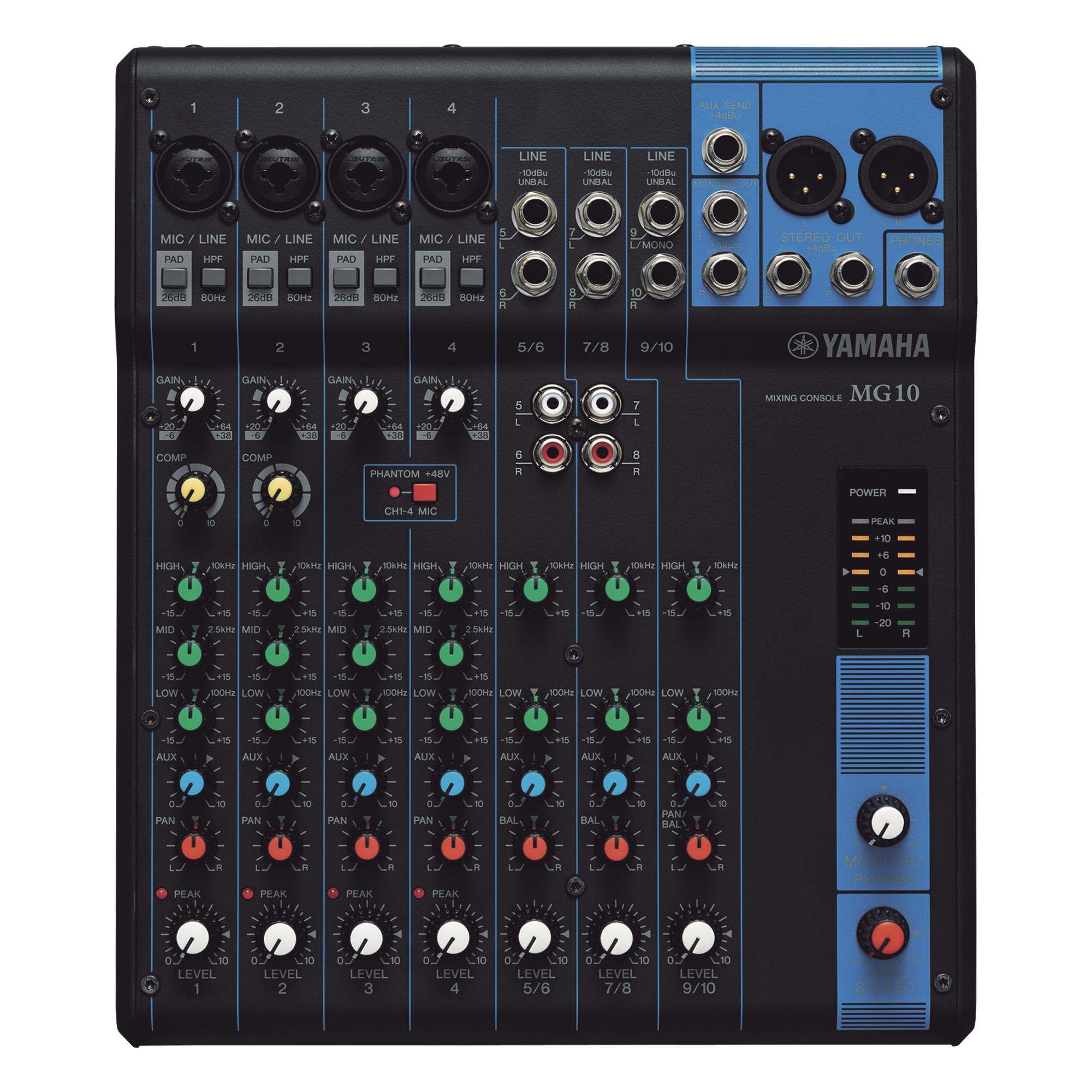 Mesa de Mezclas Analógica / 10 Canales / 4 Entradas de Micrófono / 3 Entradas de Línea Estéreo / Phantom Power / Bus Estéreo con 1 Envío Auxiliar — YAMAHA · SKU MG10