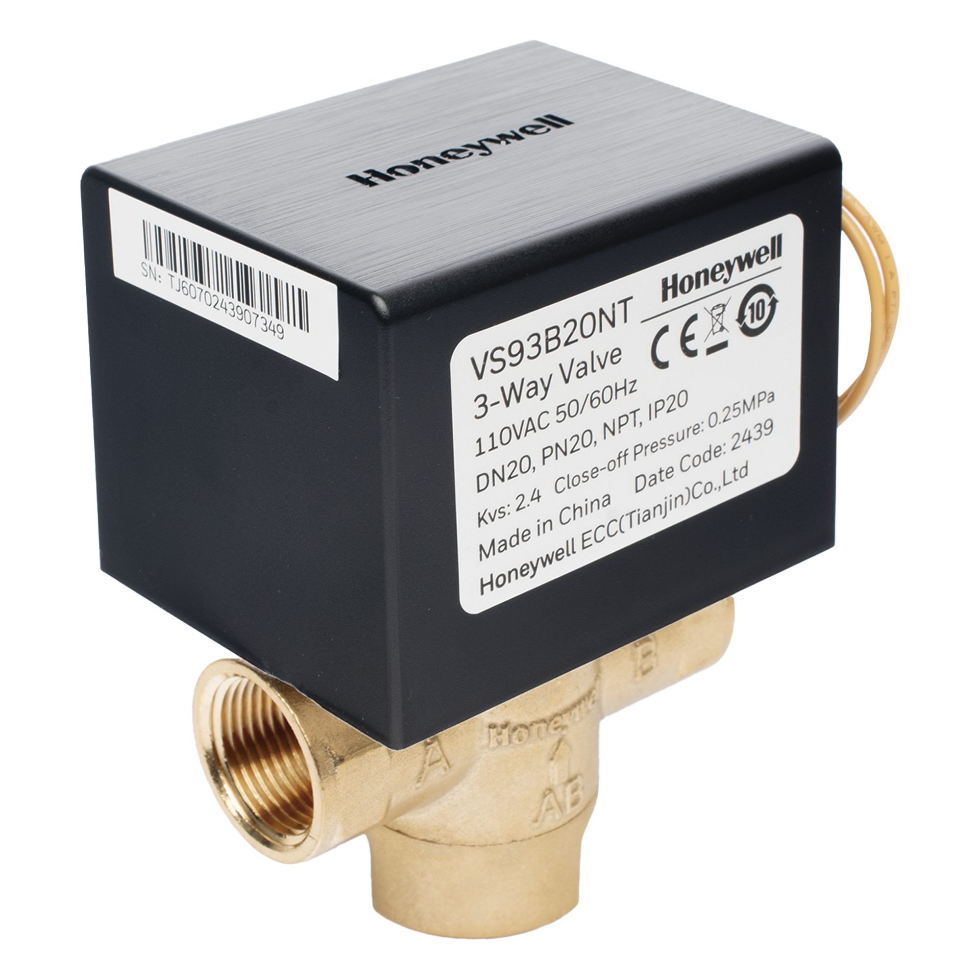 Válvula de Control Eléctrica 3 Vías / Fancoil / Retorno por Resorte NC / 110 V CA / DN20 (3/4") NPT / PN20 / On/Off — HONEYWELL BMS · SKU VS93B20NT