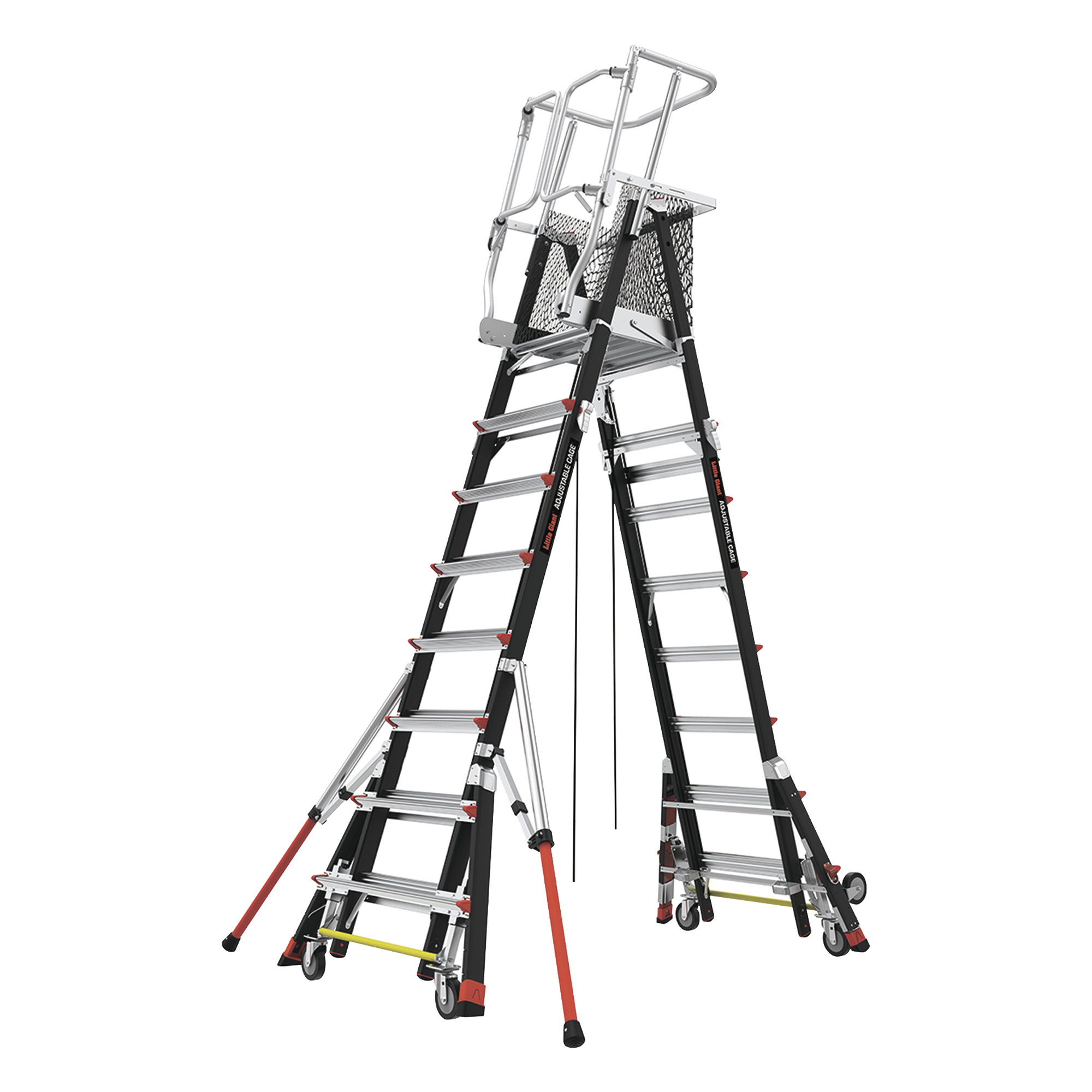 Escalera de Fibra de Vidrio con Jaula / Ajuste de Altura 8' a 14' (2.44 a 4.27 m) / Carga Máxima 170 kg (375 lb) / Nivelación en Ruedas Ratchet™ / Peso 58.5 kg (129 lb) — Little Giant Ladder Systems · SKU CAGE8FTR